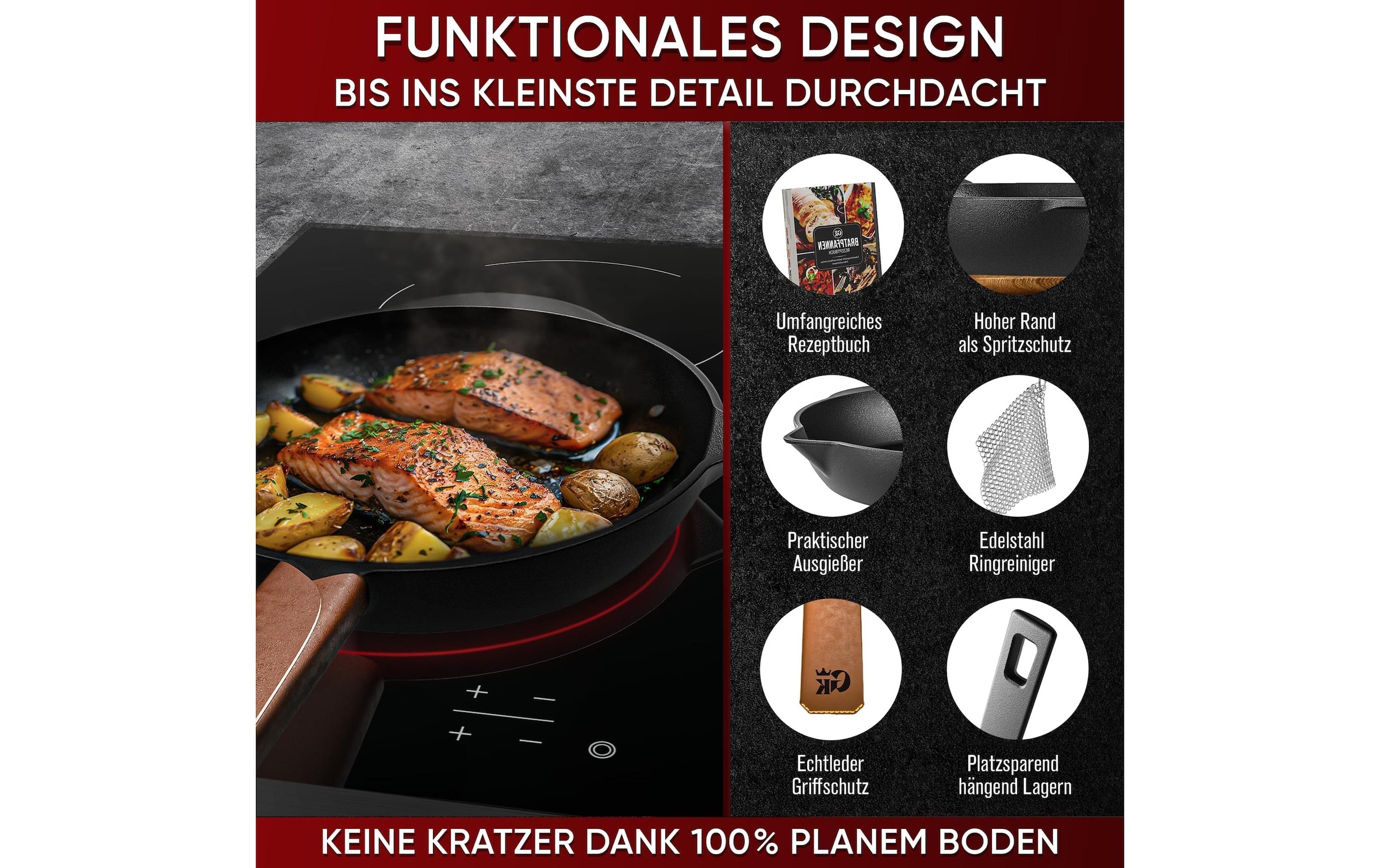   Bratpfanne »Gusskoenig mit Echtleder Griffschutz und Edelstahl Ringreiniger« Gusseisen