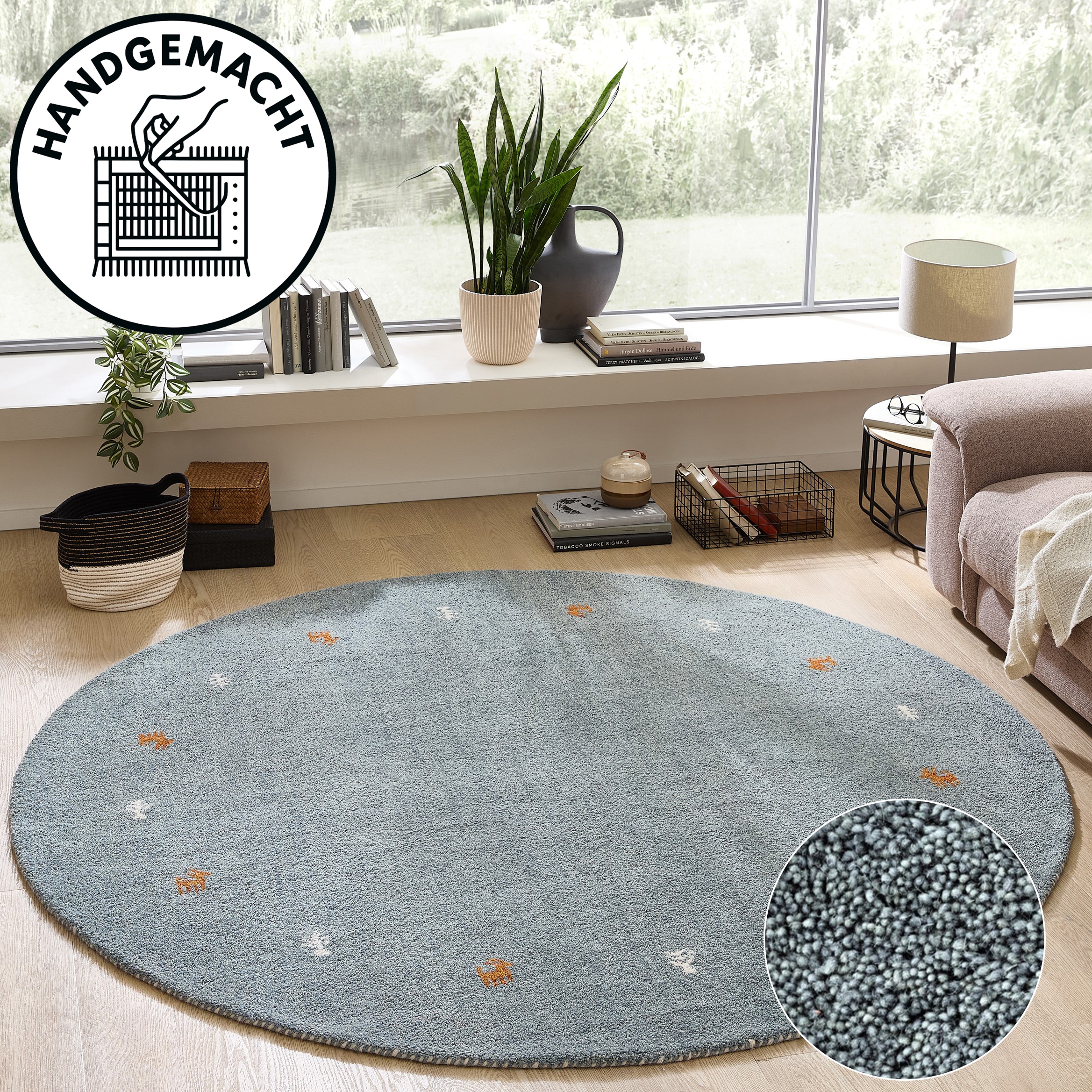 THEKO Tapis en laine »Gabbeh Motiv, Handgefertigt, Teppich, Tiermotiv,  reine Wolle,« Rond 14 mm Höhe reine Wolle, Wohnzimmer, Schlafzimmer, Esszimmer