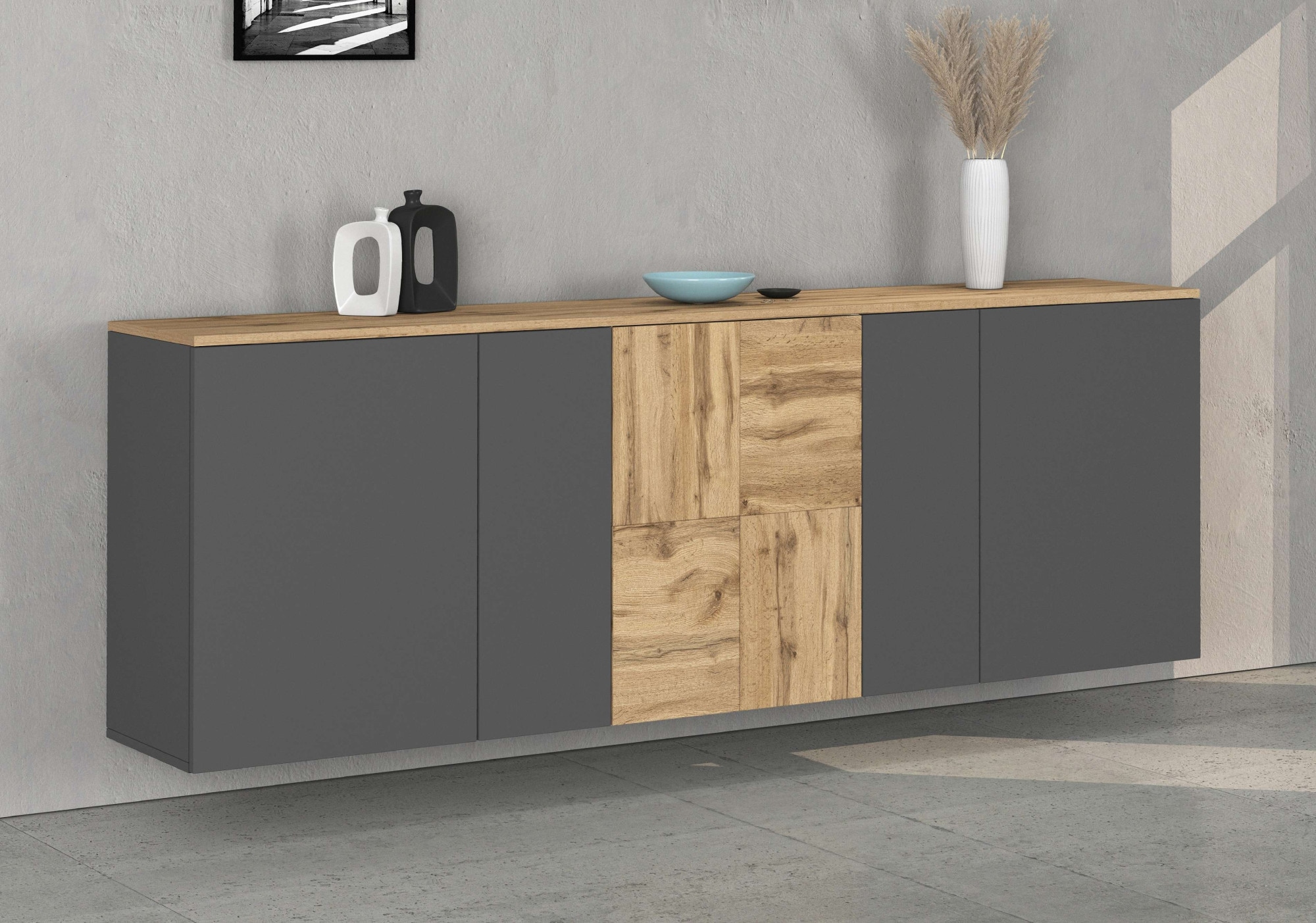 GOODproduct Sideboard »ISEO, Kommode, Schrank, Sideboard, Lowboard, 6 Fächer, Breite 200 cm« 1 cuis tlg. stehend/hängend, 5 Türen, 6 Fächer, Breite 200 cm