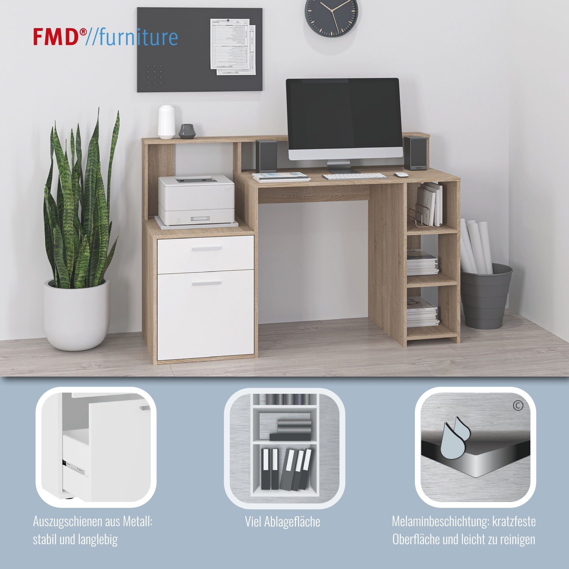 FMD Bureau à étagères »Bolton« Schreibtisch mit Stauraum und Ablage, offene Fächer, 138,5 cm breit