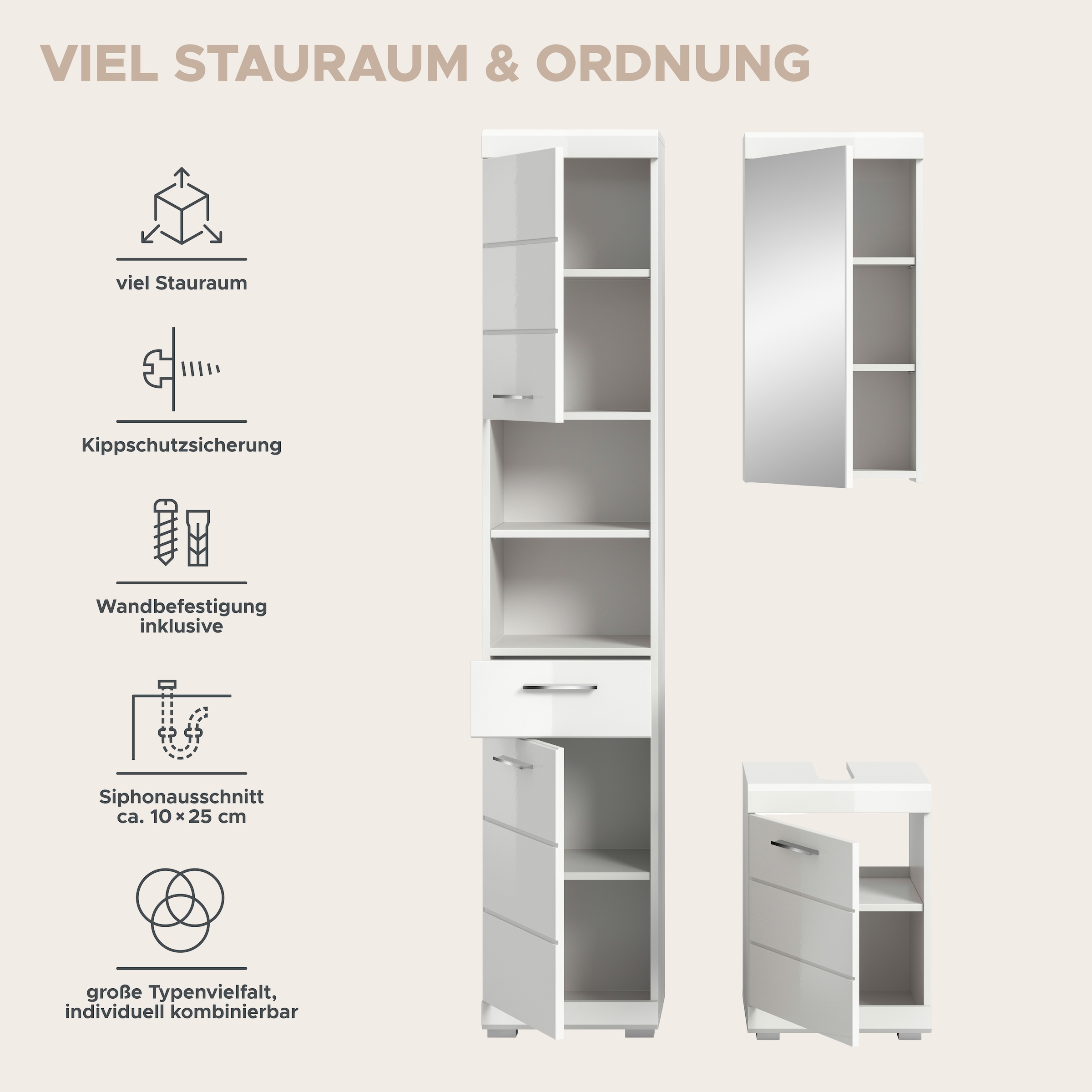 welltime Badmöbel-Set »SIENA, 3-tlg., Waschbeckenunterschrank, Spiegelschrank & Hochschrank«