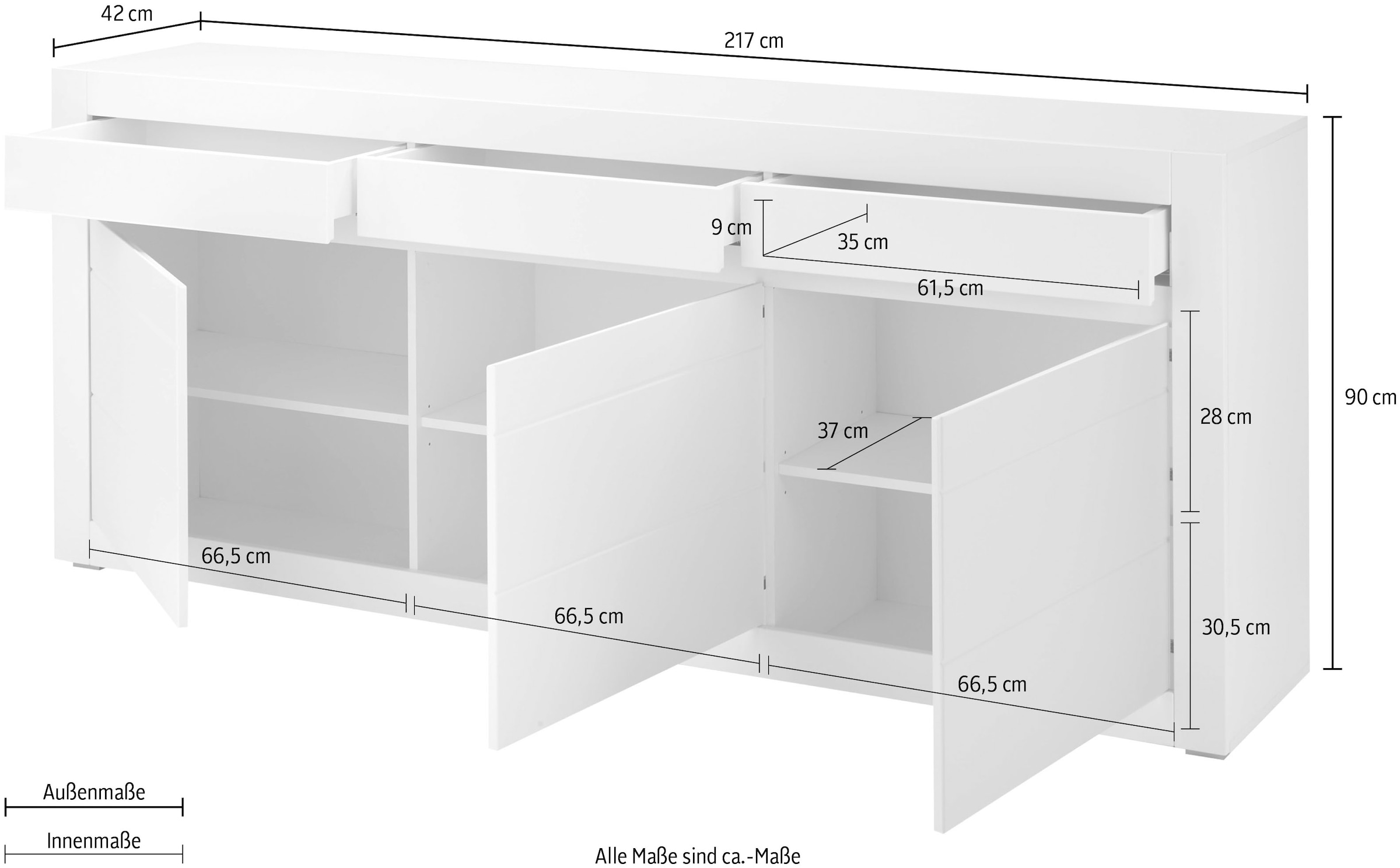 Home affaire Sideboard »Chester, moderne Anrichte, Kommode mit Stauraum, Schrank, Weiss Matt« 1 cuis tlg. austauschbare Blende in Griffleiste, zeitloses Design, 217 cm breit