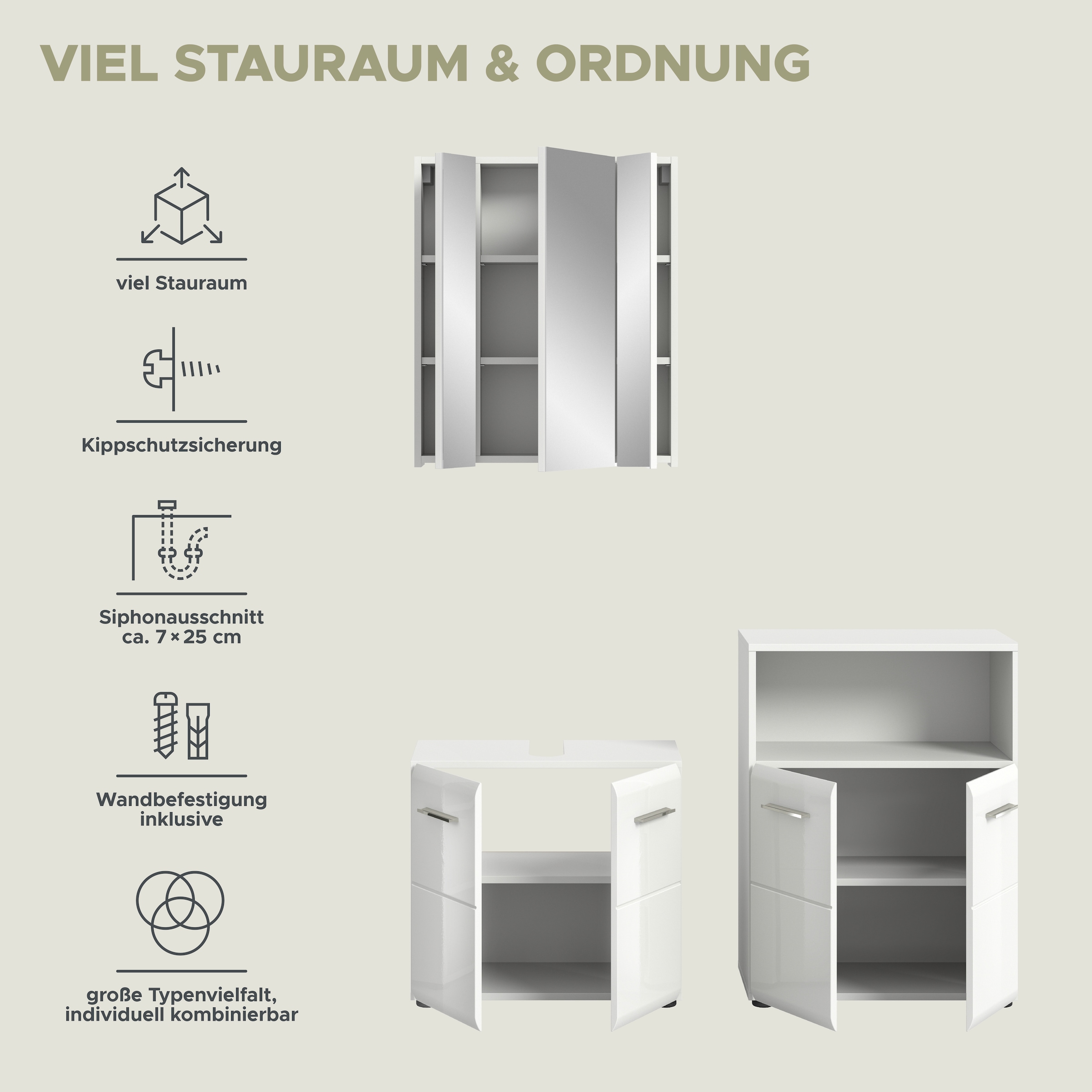 INOSIGN Ensemble de meubles de salle de bain »FLORENZ, TOPSELLER!, 3-teilige Badkombination, hochwertige MDF-Front« Set, best. aus: Waschbeckenunterschrank, Spiegelschrank, Midischrank breit, 