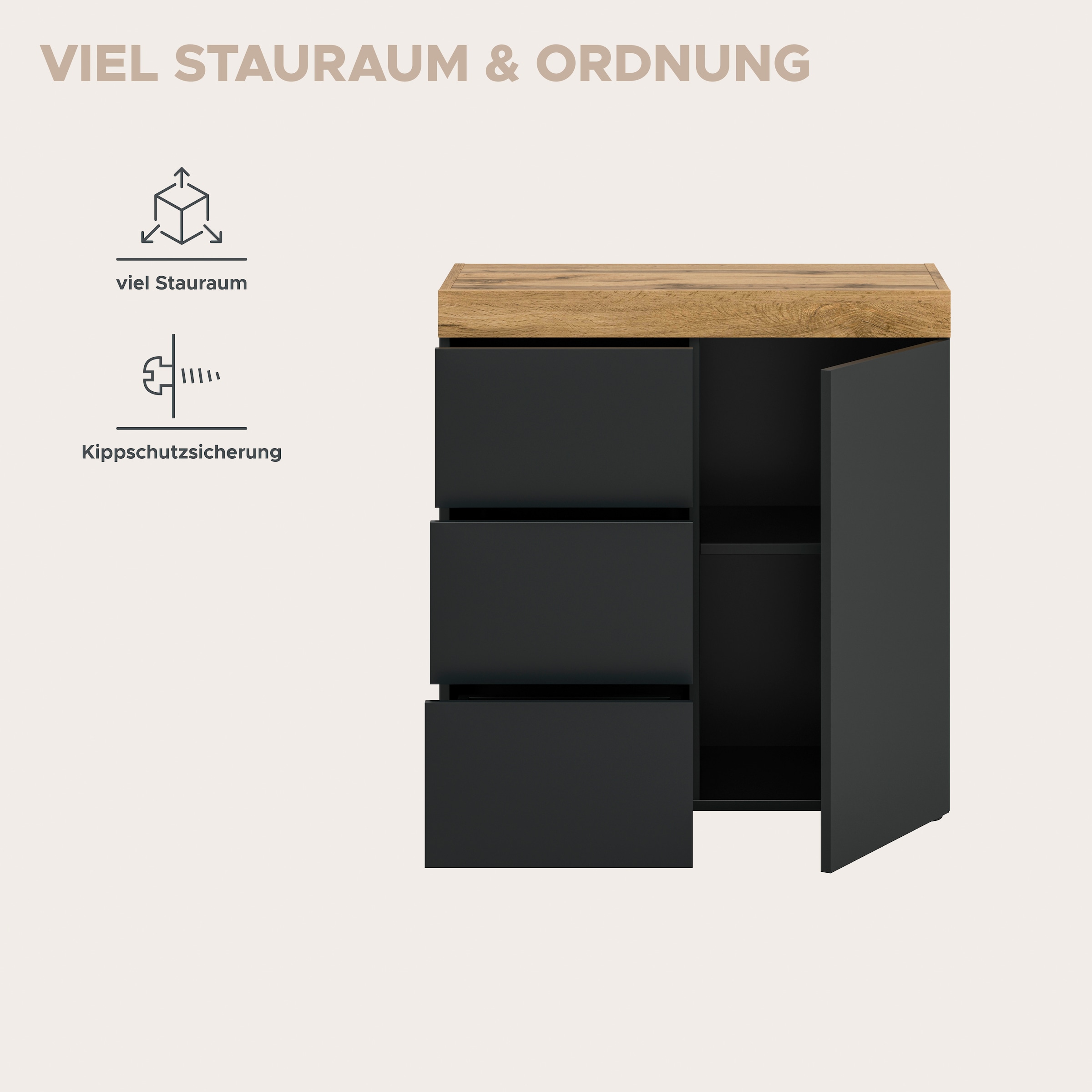 GOODproduct Commode »MAMBO, Breite 77cm, 1 Tür, 3 Schubkästen, push-2-open« 2 farbige Ausführung, in verschiedenen Farben erhältlich, 1 cuis tlg. Kommode, Anrichte, Wohnzimmer, Schlafzimmer