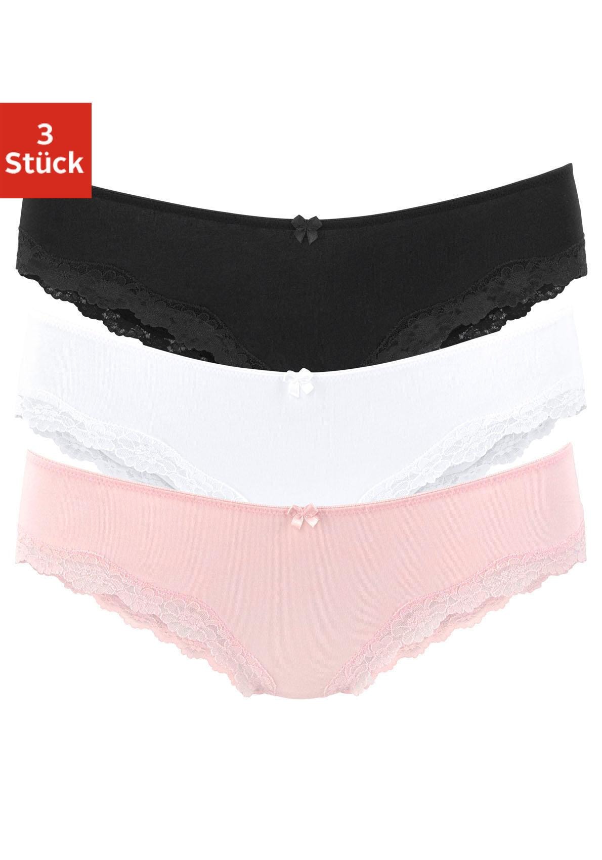 LASCANA Slip 3er-Pack,  aus elastischer Baumwolle mit zarter Spitze