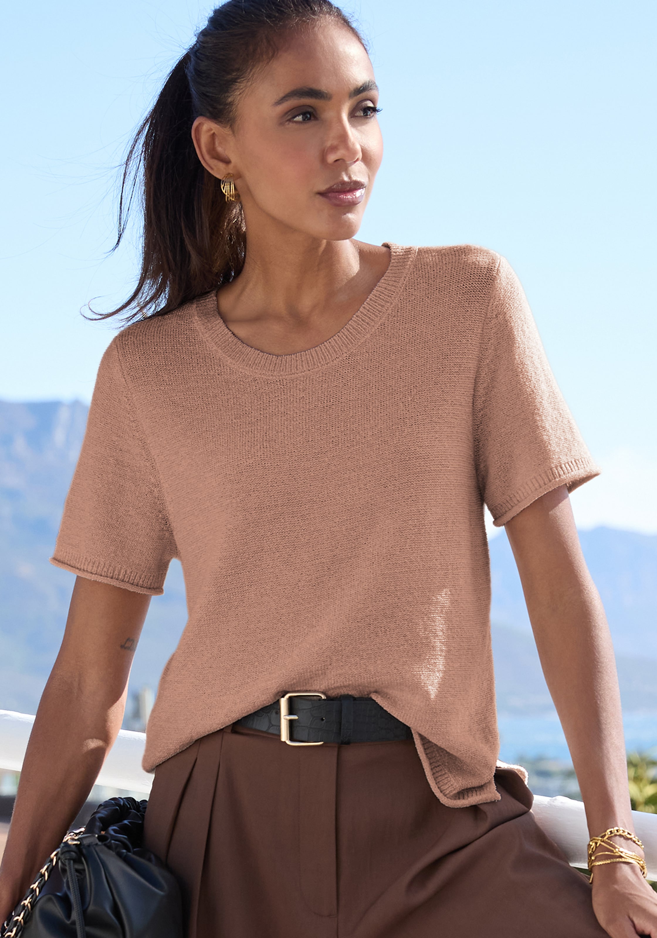 French Connection Pull à manches courtes »aus leichtem Bändchengarn« Pull d'été, pull en maille, maille légère d'été, basique