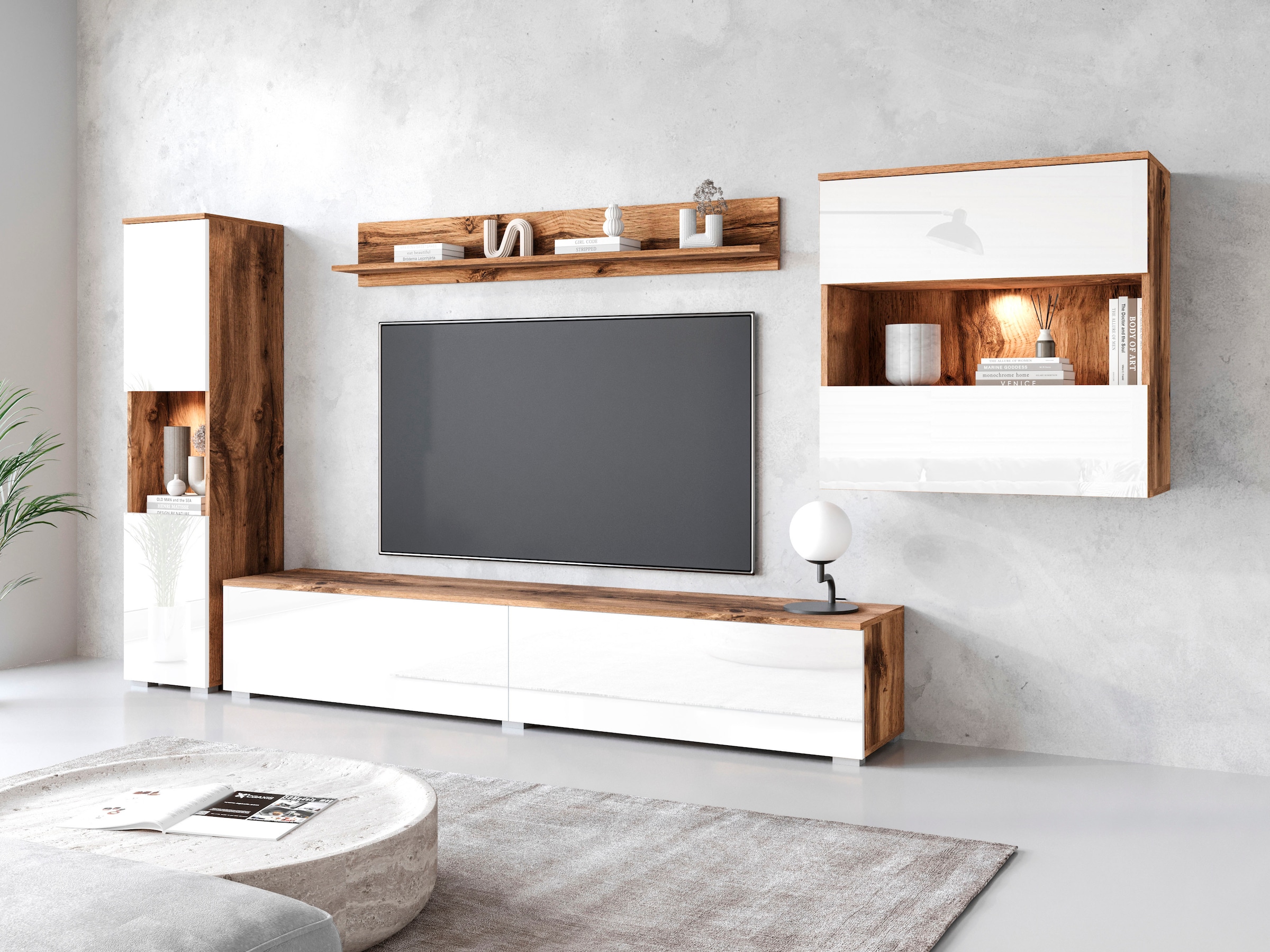 GOODproduct Wohnwand »PARIS, Vitrine Türanschlag links/rechts wechselbar« Komplett-Set, 4 Stk. tlg.