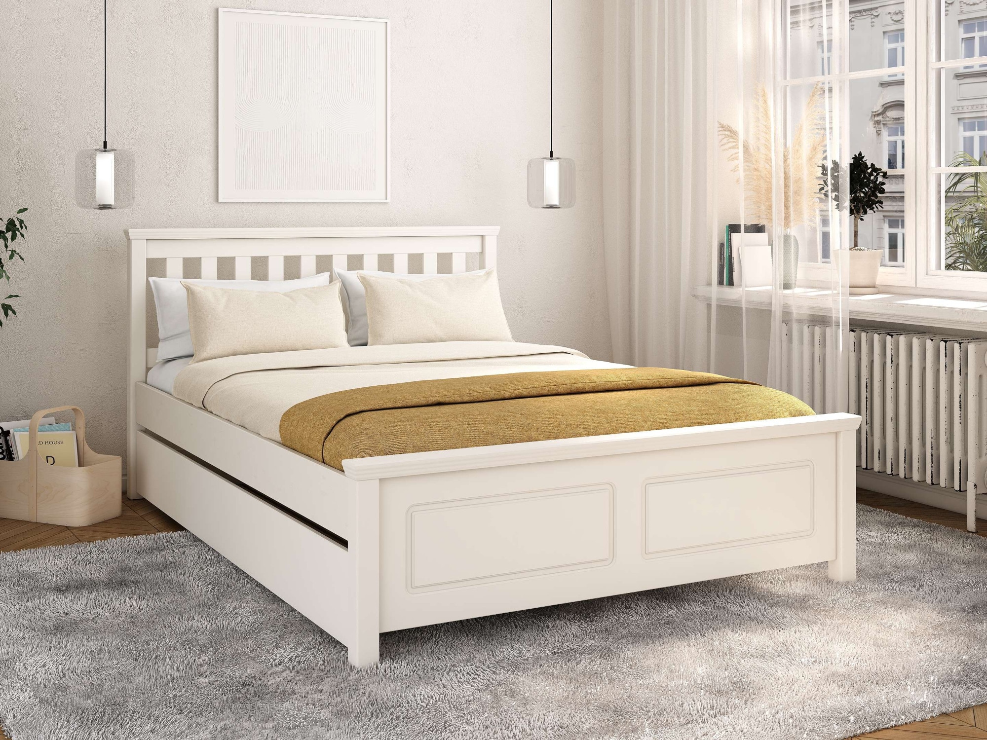 GOODproduct Lit »Fredegard, skandinavischer Stil, vielseitig kombinierbar, 2 Breiten« 180er oder 140er Breite,  teilmassiv, Sprossen am Kopfteil, mit Lattenrost, Kassettenoptik