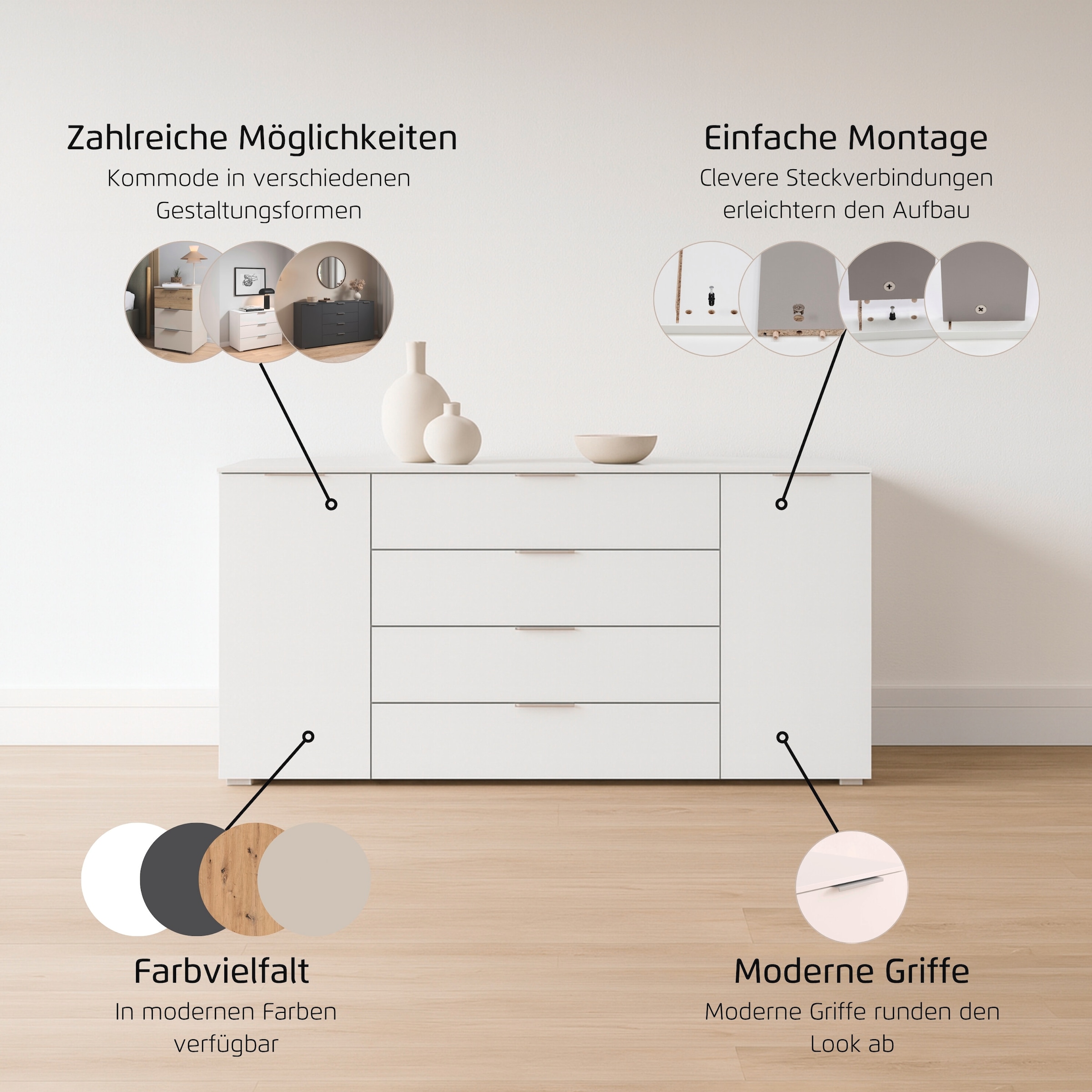 GOODproduct Kombikommode »Kommode Sideboard Schubladenkommode Schlafzimmerkommode ASTANA« Breite 160 cm / Höhe 81 cm, mit 4 Einlegeböden,  2-türig, 4 geräumige Schubladen, Kantengriff Alufarben MADE IN GERMANY