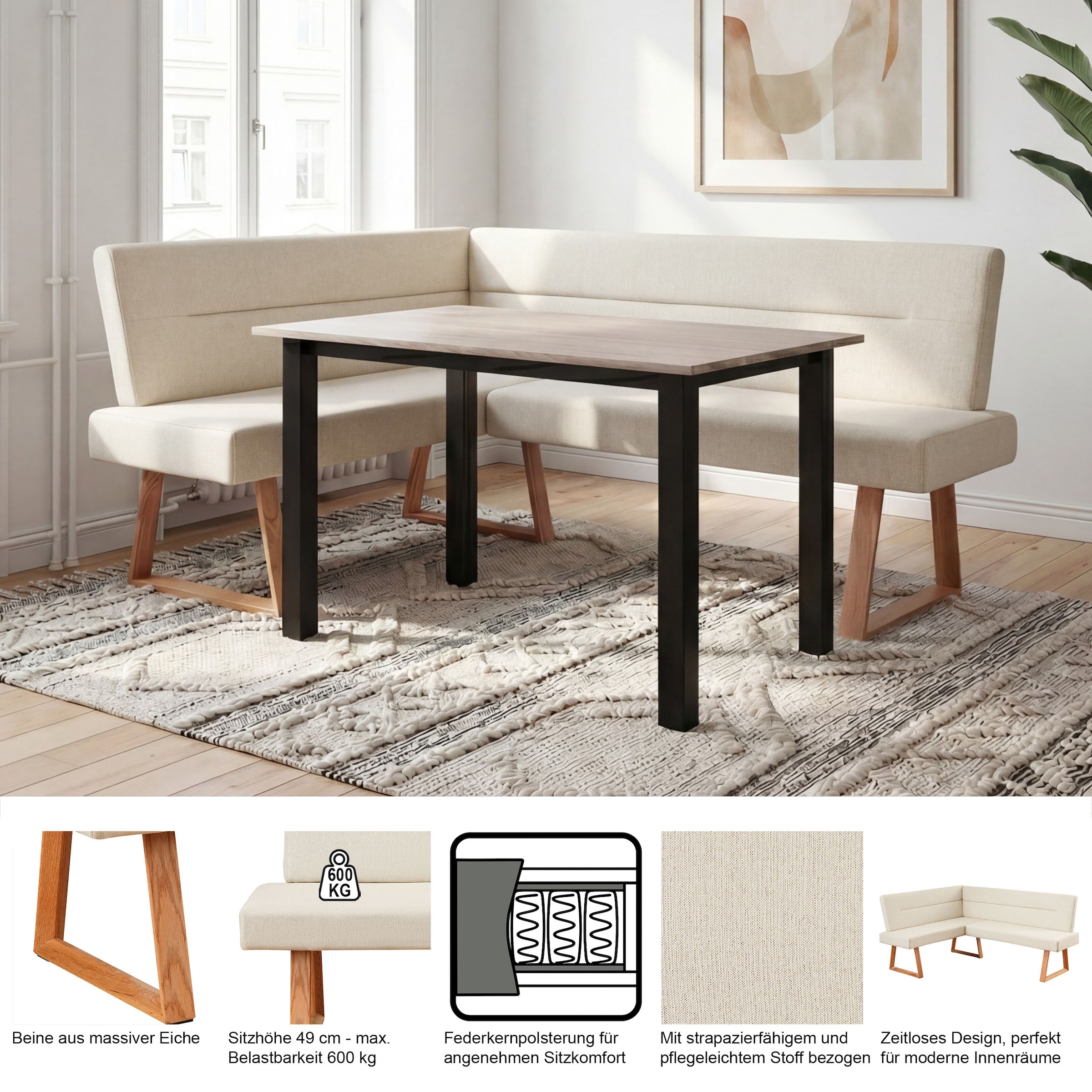 GOODproduct Banc d'angle »Mellio« Pieds en chêne massif, revêtement en tissu tissé facile d'entretien, largeur 190 cm