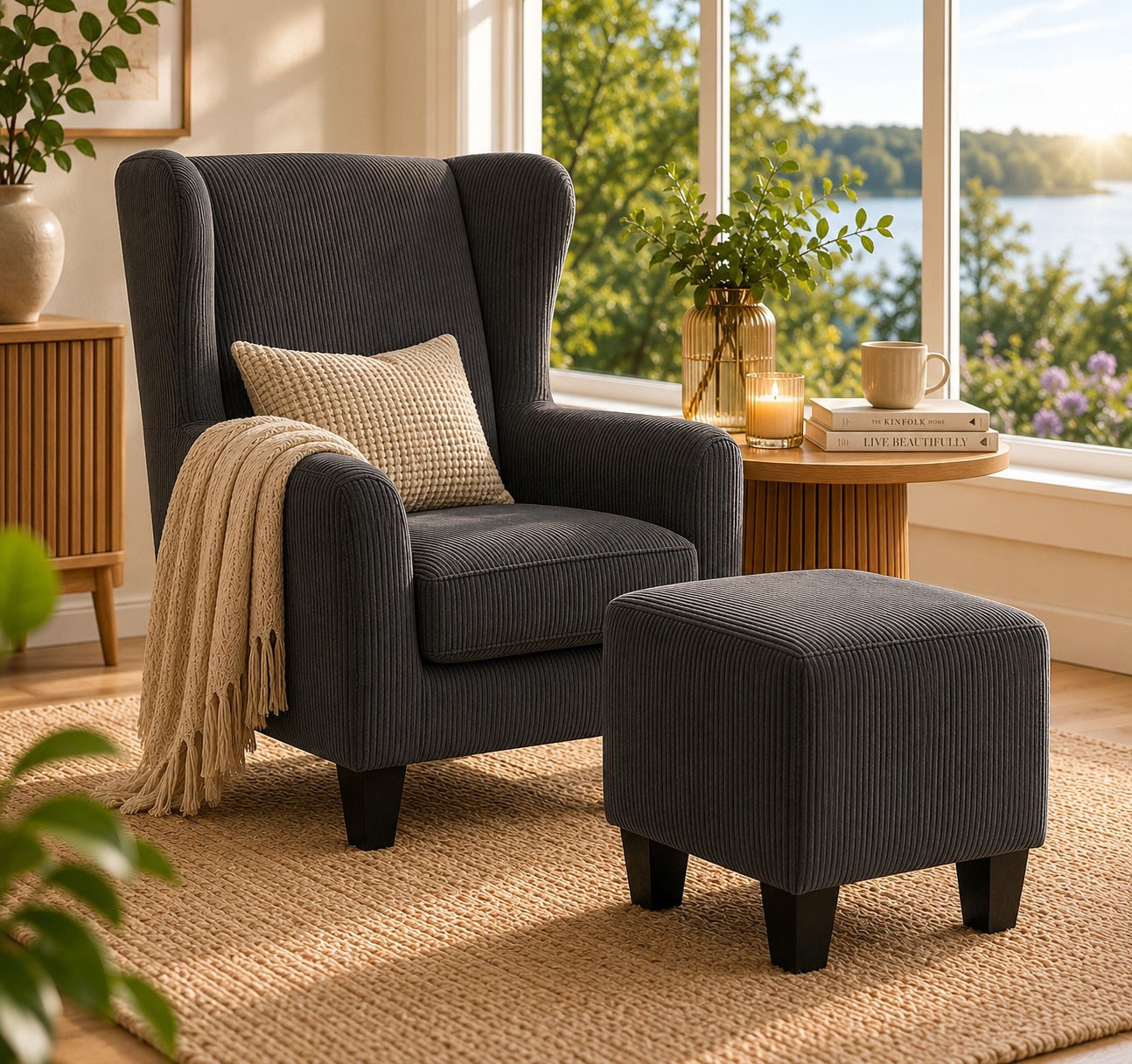 GOODproduct Fauteuil à oreilles »CHILLY, Cord-Bezug, Sessel mit Hocker« Ensemble, composé de fauteuil et tabouret, 2 cuis tlg. Notre prix bas permanent