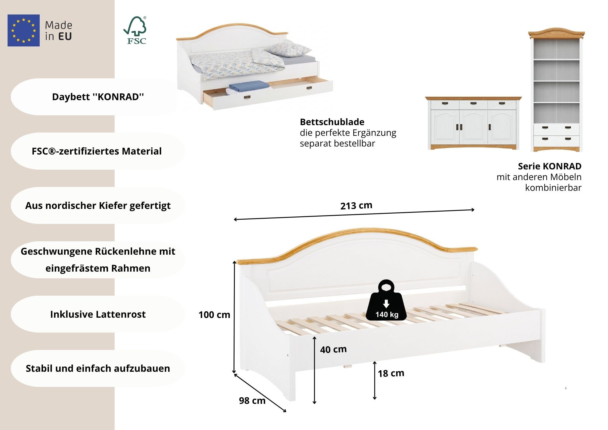 GOODproduct Lit de jour »Konrad« stabile Konstruktion aus massiver Kiefer, mit Rollrost