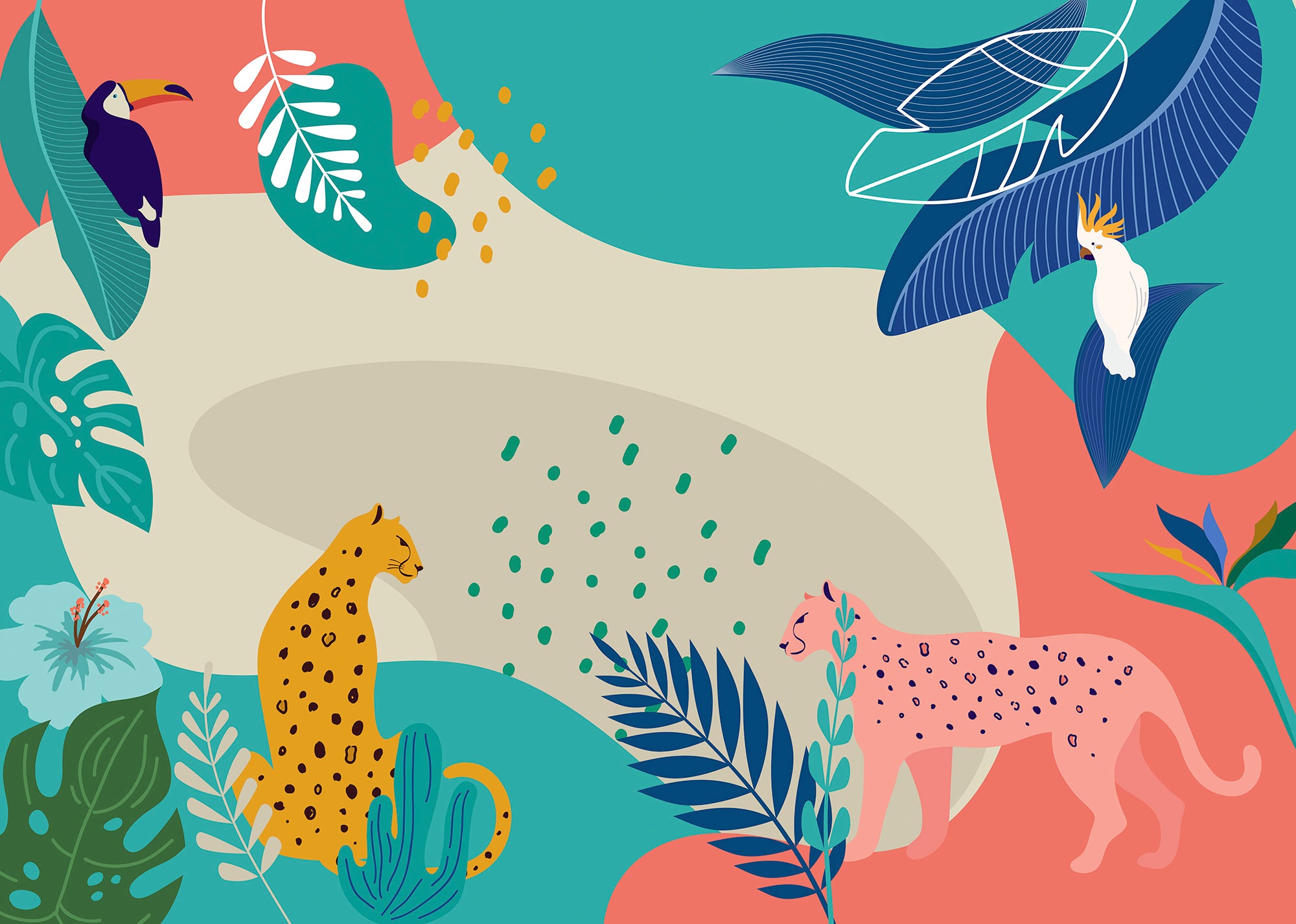 Komar Fototapete »Jungle Rendezvous« bedruckt glatt 350 x 250 cm (Breite x Höhe) - Tapete, Vlies, Wohnzimmer, Schlafzimmer