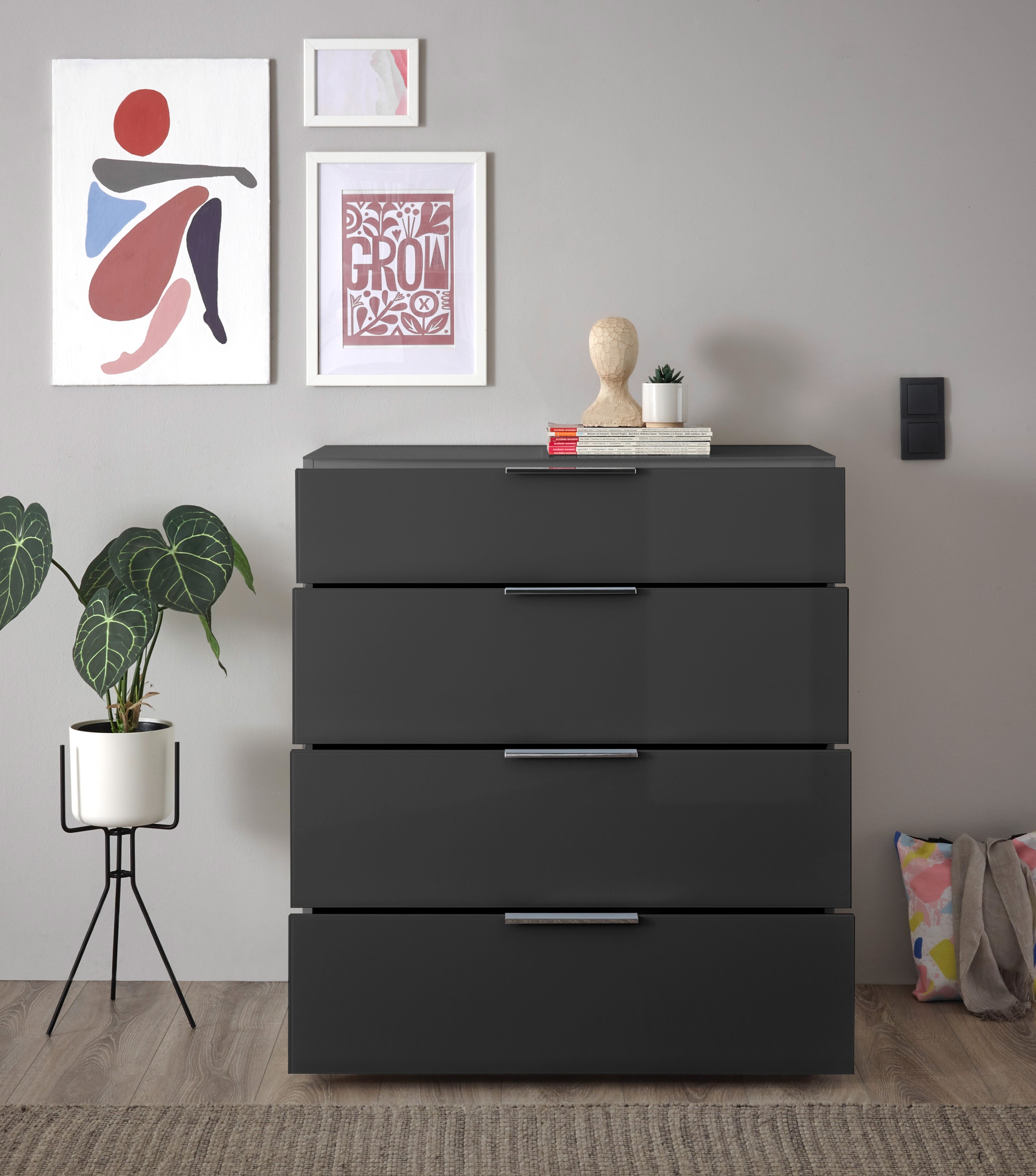 HBZ Kommode »Santorin Mehrzweckschrank mit Schubkästen, BxHxT 90x99x40 cm« 1 Stk. tlg. Mit 4 Schubkästen mit Softclose, Glasfront und Glasoberboden