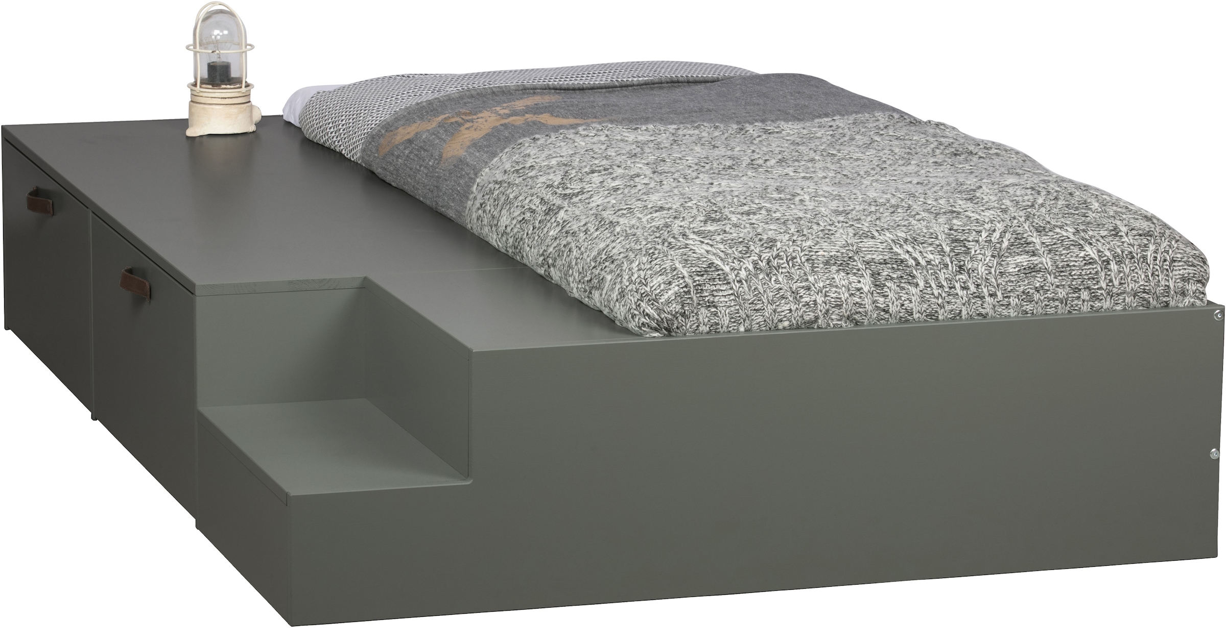 WOOOD Stauraumbett »Stage Massivholz FSC®-Kiefernholz mit Trittstufen 204 x 131 x 35 cm« Rollauszüge mit Ledergriff, breite Holzkante, Matratzenmass 80x200 cm