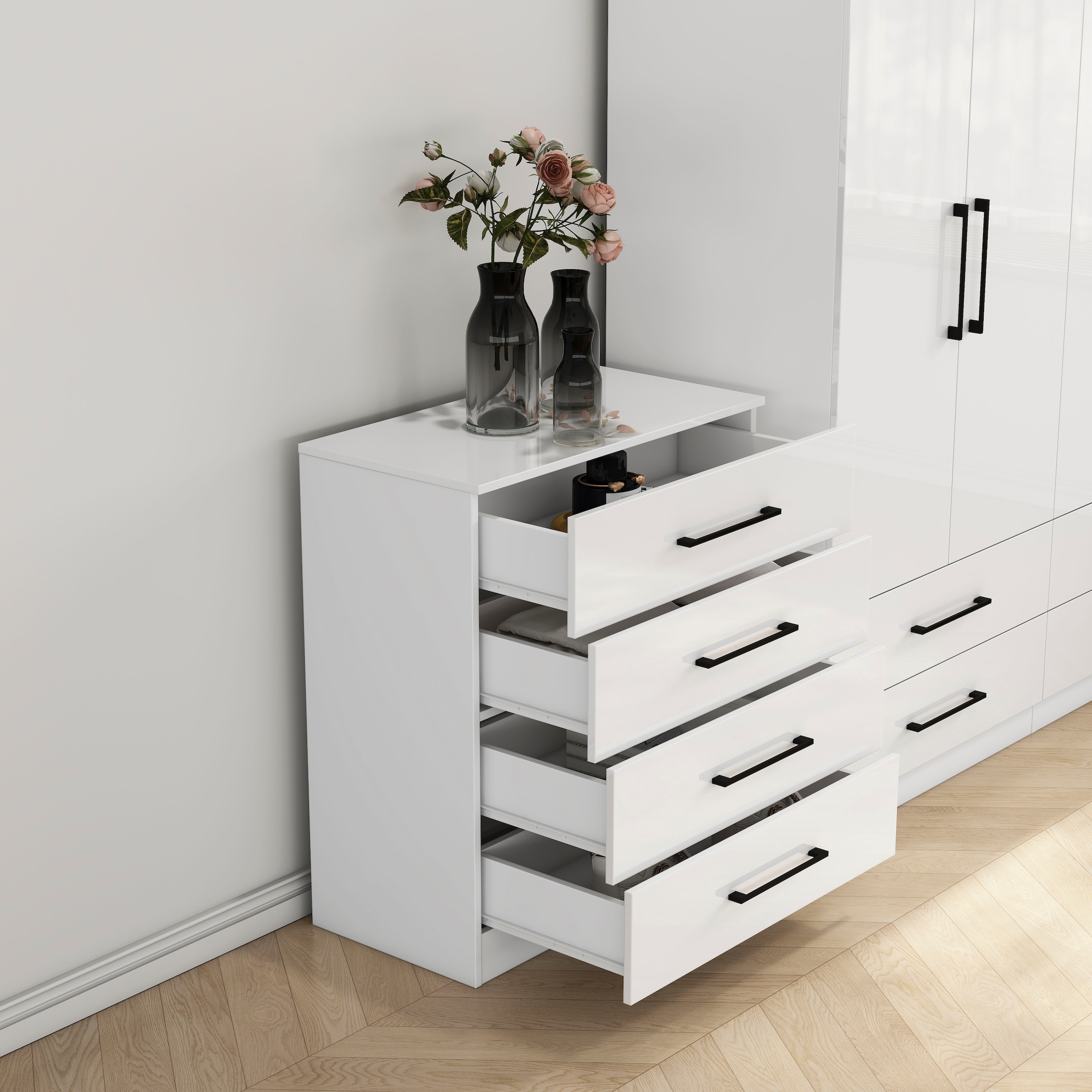 GOODproduct Schubkastenkommode »Sylt Schlafzimmerkommode Kommode Wäscheschrank Bestseller« Viel Stauraum im Schlafzimmer mit hochglänzenden Fronten, 1 Stk. tlg. Beistellschrank mit 4 Schubladen