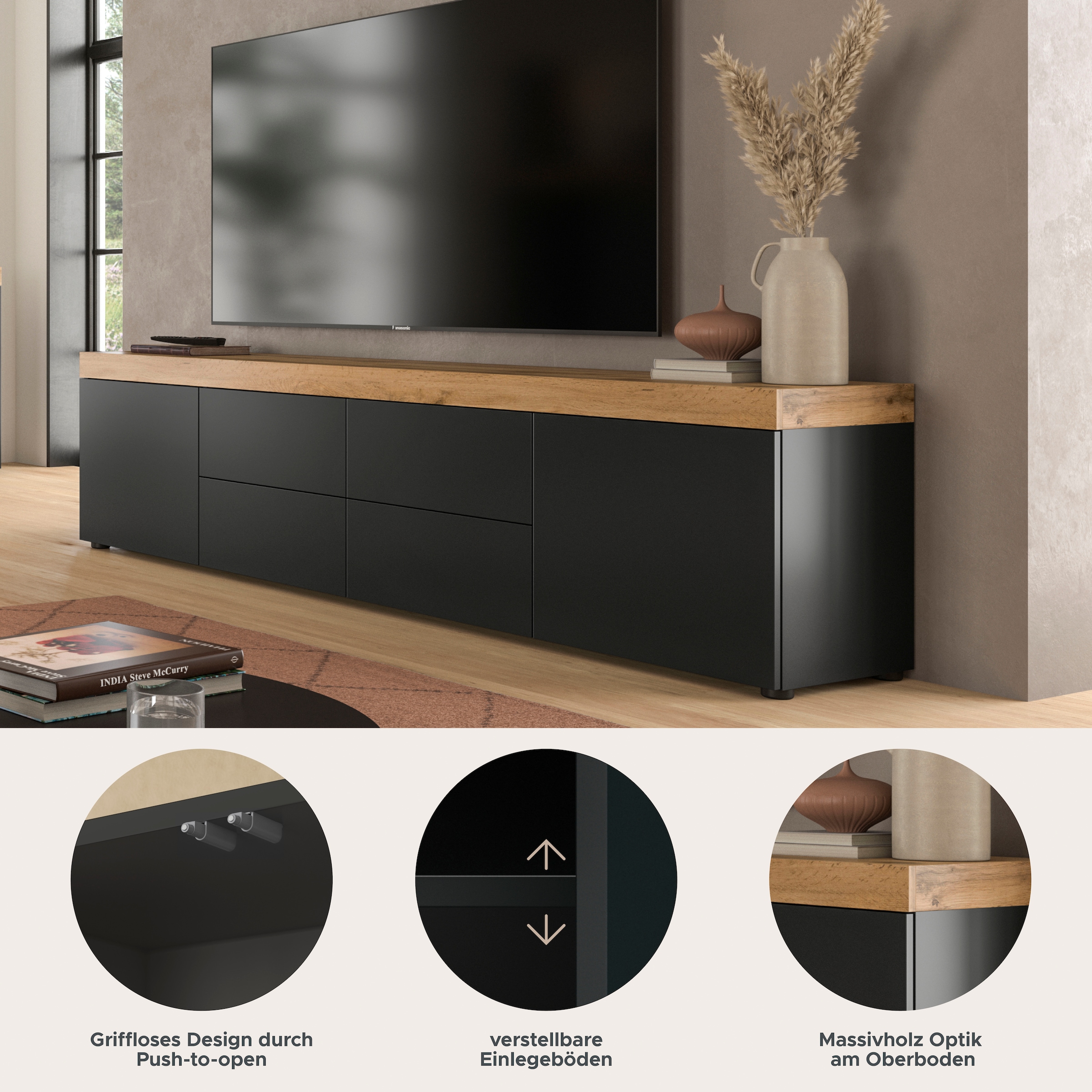 GOODproduct Table basse »MAMBO, Breite 200cm, 2 Türen, 4 Schubkästen, push-2-open« 2 farbige Ausführung, in verschiedenen Farben erhältlich, 1 cuis tlg. Lowboard, TV Unterschrank, Tv-Schrank, Wohnzimmer