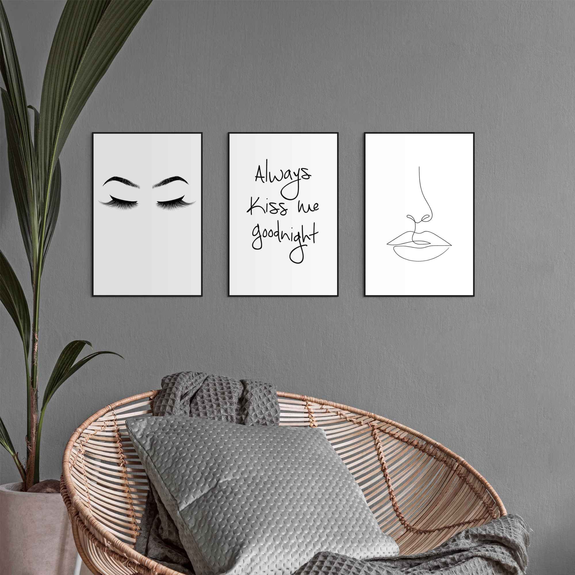 Reinders! Wandbild »Kuss Linienzeichnung - Illustration - Modern - Zitat - Frau« 3 Stk. tlg.