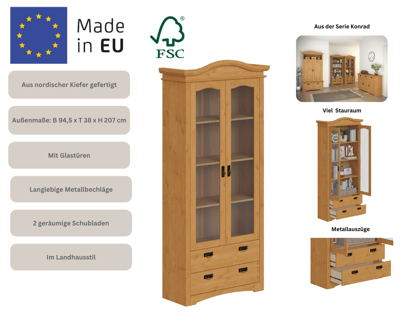 GOODproduct Vitrine »Konrad« aus massiver Kiefer, mit Glaseinsätzen, B/T: 94/208 cm