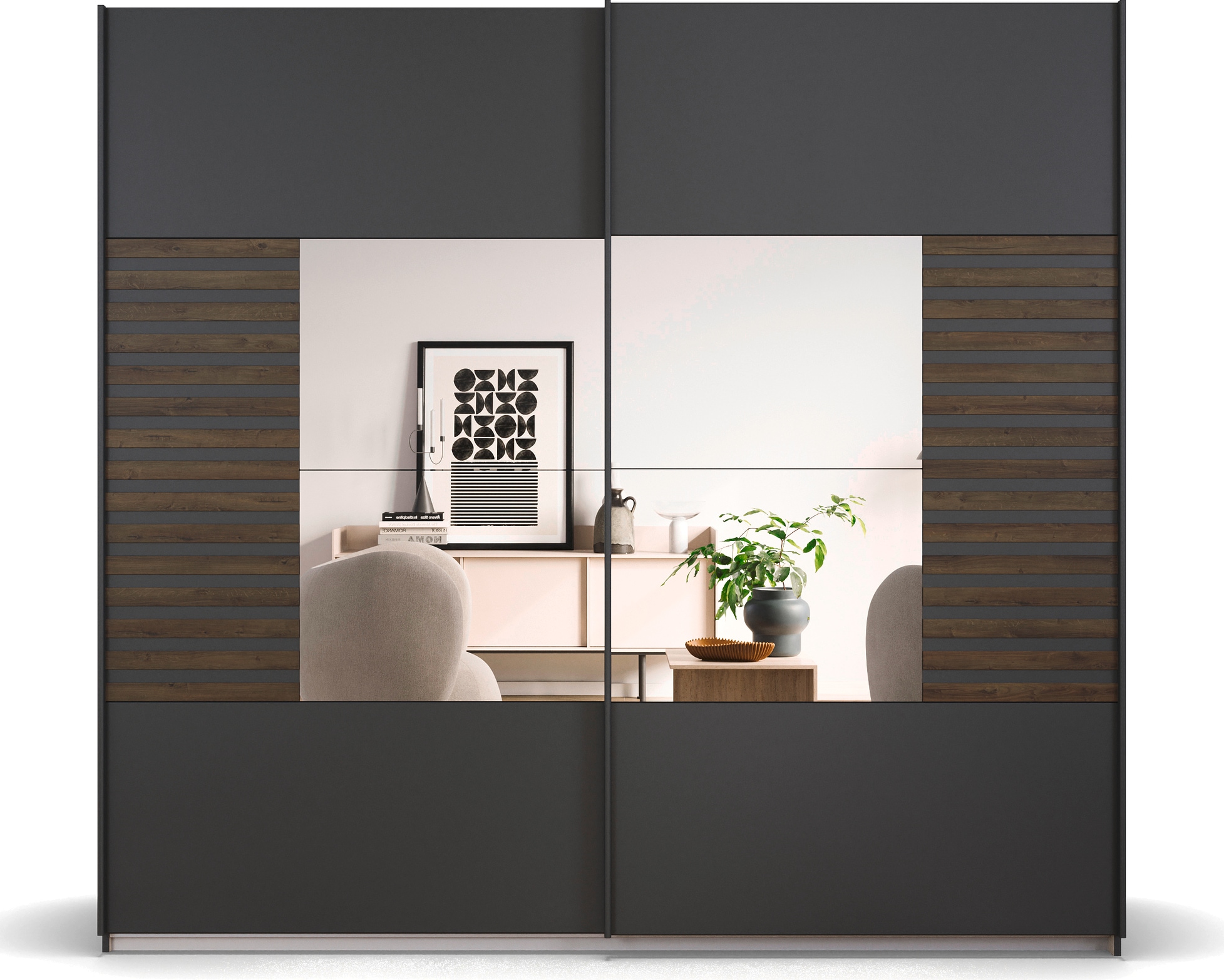 rauch Schwebetürenschrank »Kleiderschrank Schrank Garderobe Schlafzimmerschrank BAREA« Front- Auflage in moderner Lamellen-Optik und Spiegel MADE IN GERMANY