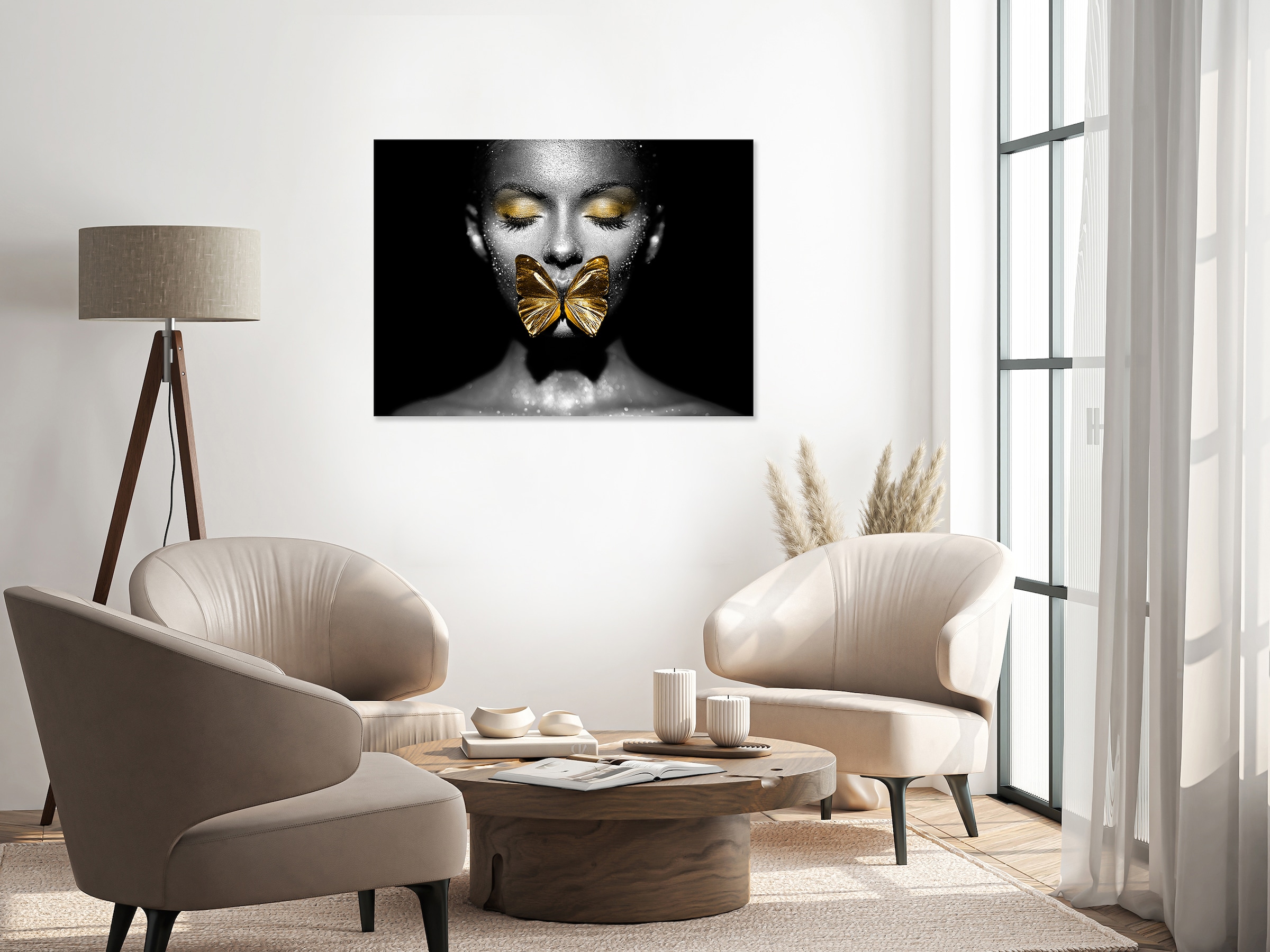 queence Tableau en verre acrylique »Wandbild, Goldbild, Bild Frau mit Schmetterling vor dem Mund« Abstrait | Art | Fantasy Finition manuelle avec feuille d'or pour un aspect noble et intemporel.