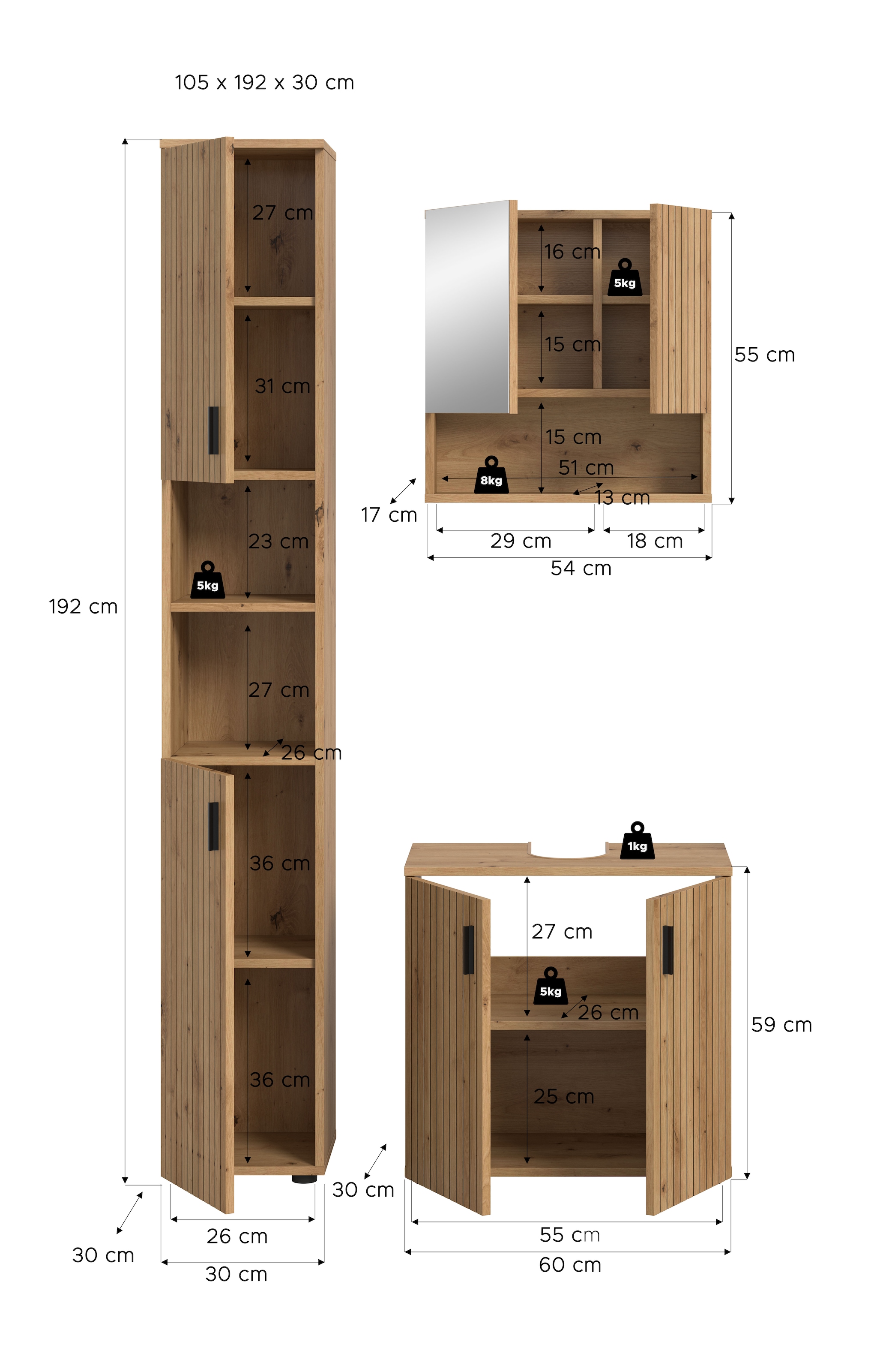 welltime Badmöbel-Set »MANI, 3-tlg. Badkombination, Paneeloptik« Set, Set, best. aus:1Badschrank, 1Waschbeckenunterschrank, 1Spiegelschrank, 3 Stk. tlg.