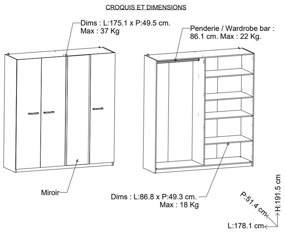 Demeyere GROUP Armoire pour enfants »Watson« ARMOIRE 4 PORTES/1 MIROIR