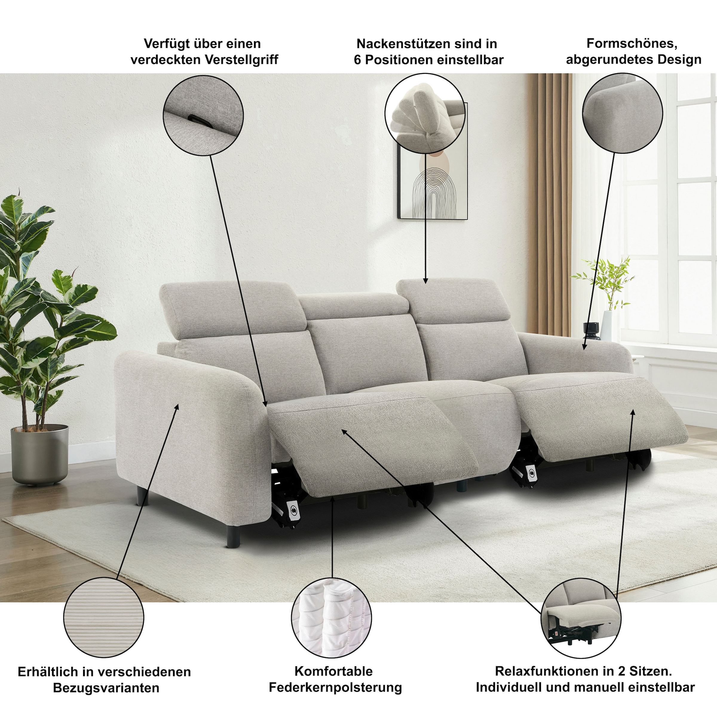 Home affaire 3-places »SKAANE Cord-Sofa, 229 cm, manuelle u. elektrische Relaxfunktion« Relax-Funktion in 2 Sitzen, Kopfteilverstellung, Federkernpolsterung