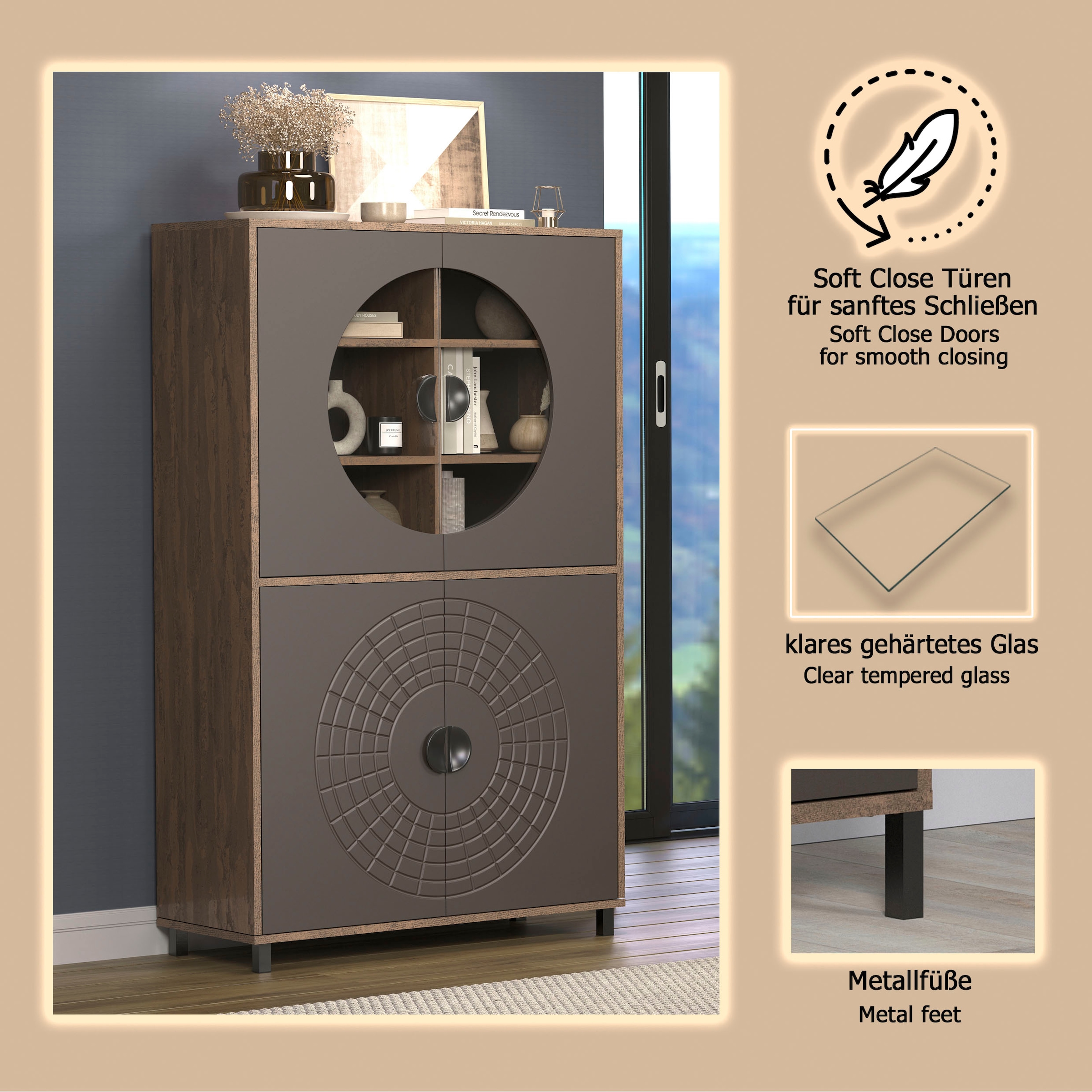 INOSIGN Hochkommode »Fusion« 1 Stk. tlg. Vitrine mit besonderem Kreismuster - Hochzeitsschrank in Vintageoptik