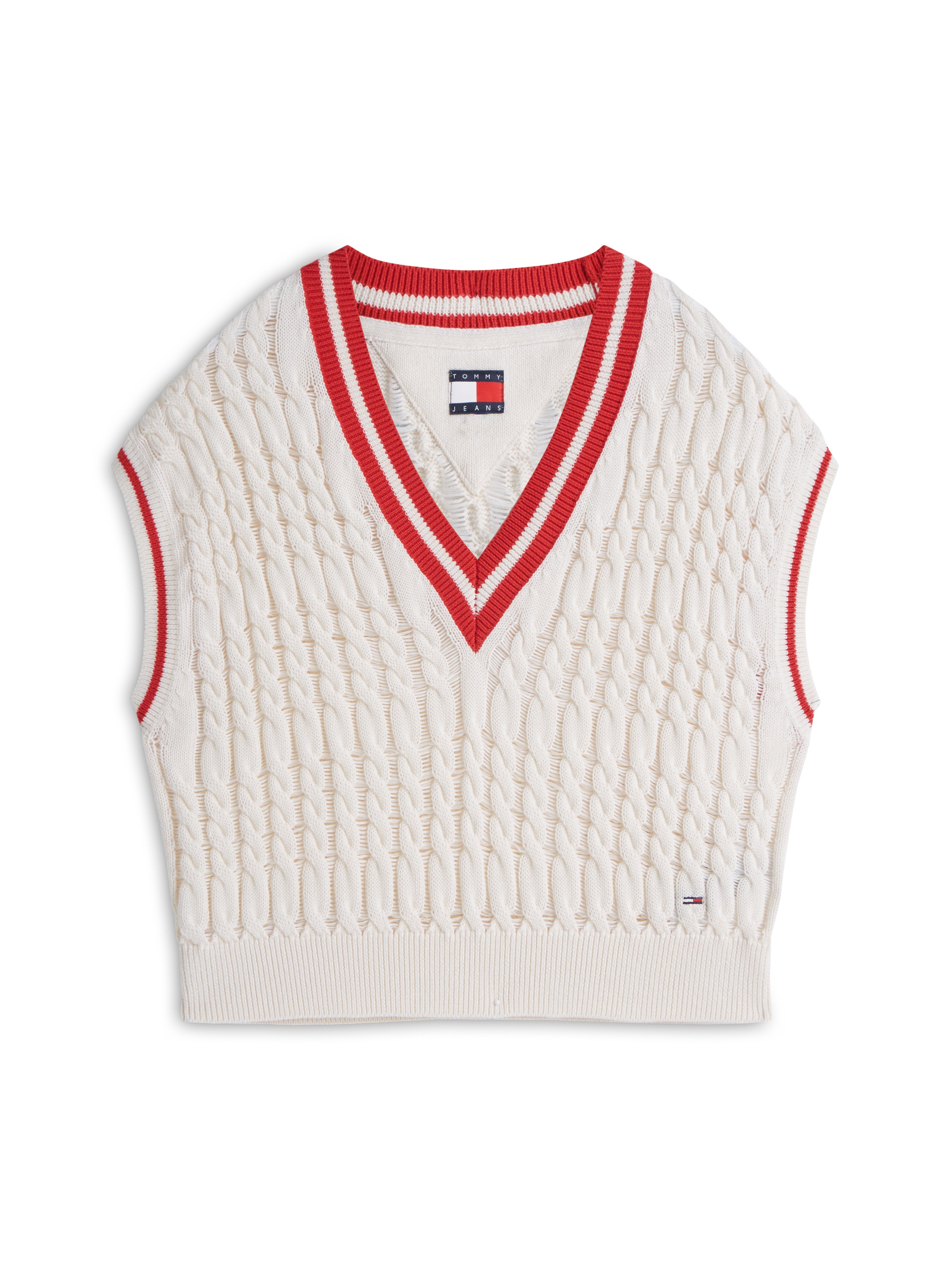 Tommy Jeans Pull-over »TJW TIPPING V NECK CABLE VEST« coton, avec motif torsadé
