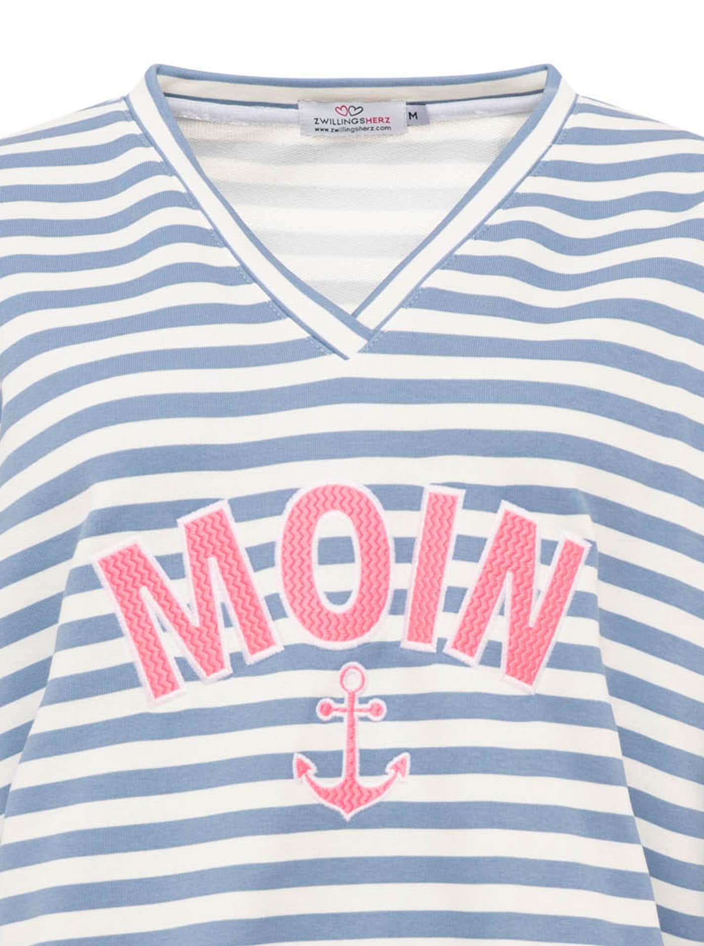 Zwillingsherz Hoodie »"Streifen Moin"«, V-Neck, gestreift, Stickerei mit Anker, gestreifte Bündchen
