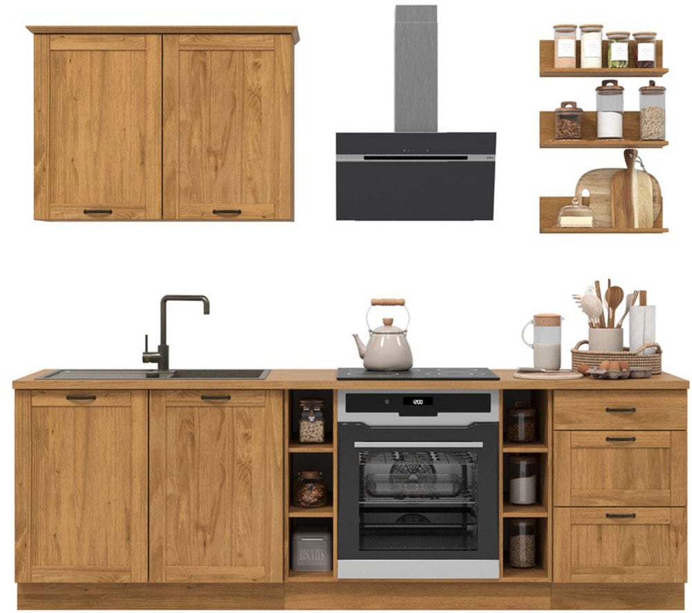 Home affaire Kitchenette »Teramo« Set, Kombinierbar mit anderen Möbelstücken der Serie Teramo,  Breite 250 cm, Kiefer massiv, mit Arbeitsplatte