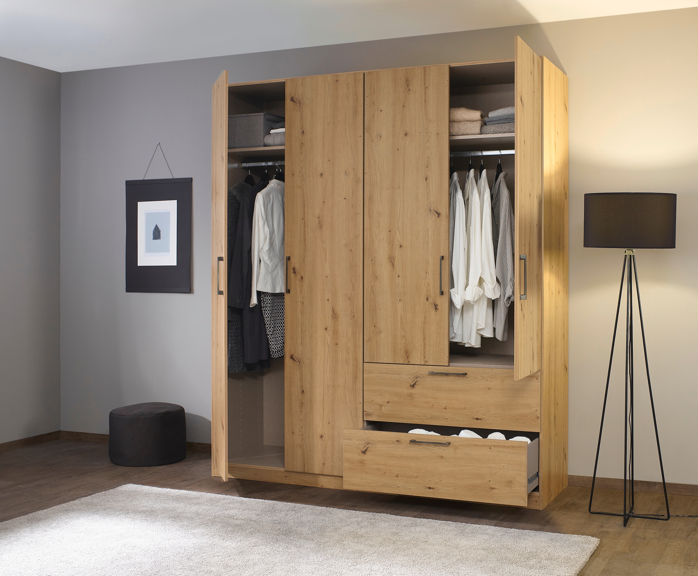 GOODproduct Armoire à portes battantes »Kleiderschrank Schrank Garderobe Wäscheschrank CHALLENGER« Largeurs 181/226 cm, hauteurs 197/210 cm,  poignées métalliques gris métal et tiroirs spacieux MADE IN GERMANY
