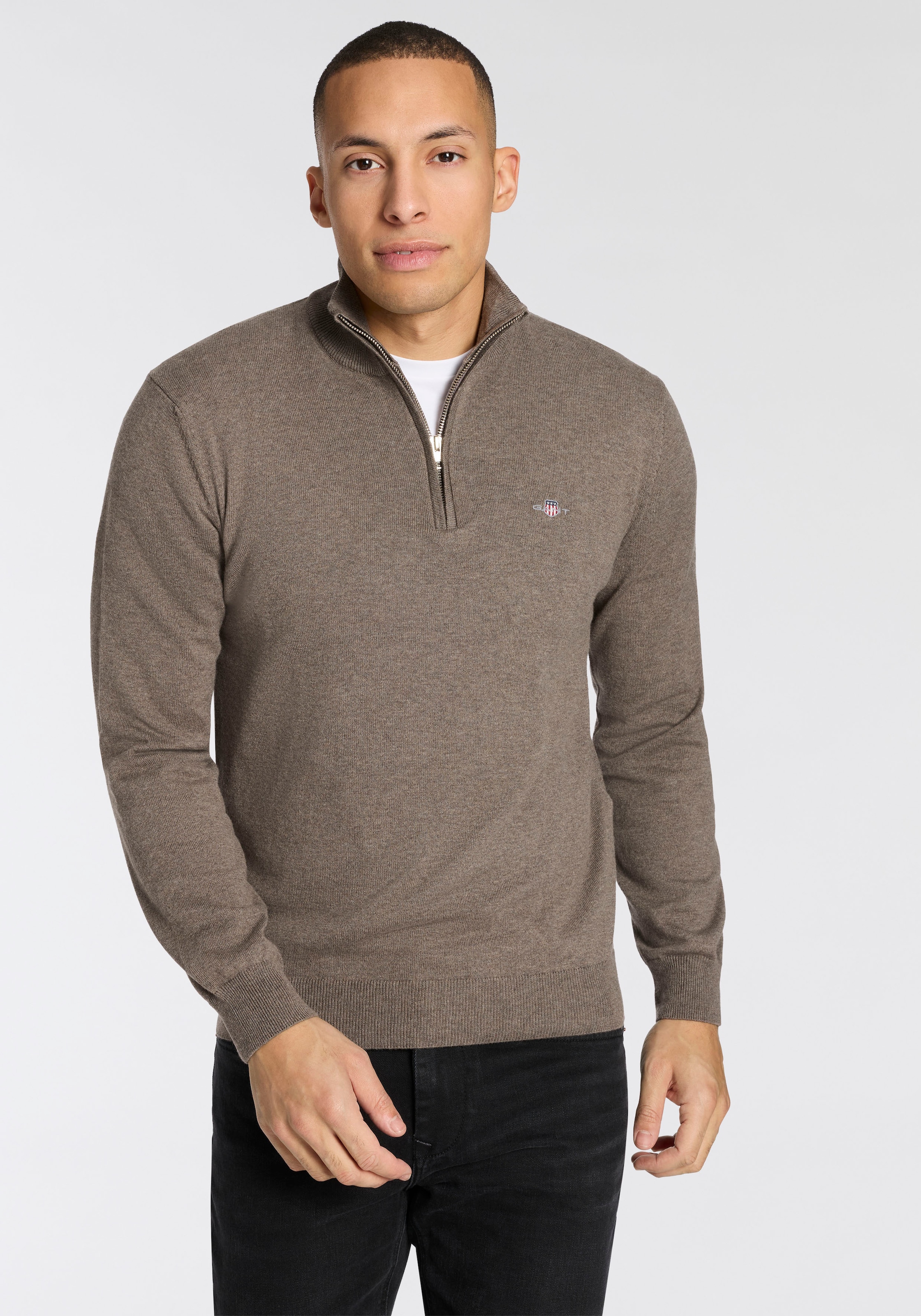 Gant Pull à col montant »COTTON/WOLL HALF ZIP« mit Rippstrick-Details, normale Passform