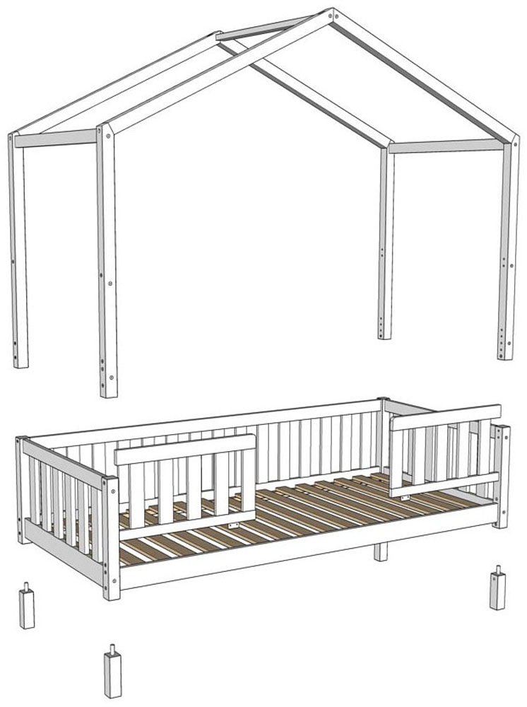 Vipack Lit de maison »Dallas, Massivholzbett mit Dachaufbau umbaubar vom Boden- zum Daybett« avec tiroir de lit, en pin massif nature ou blanc au choix