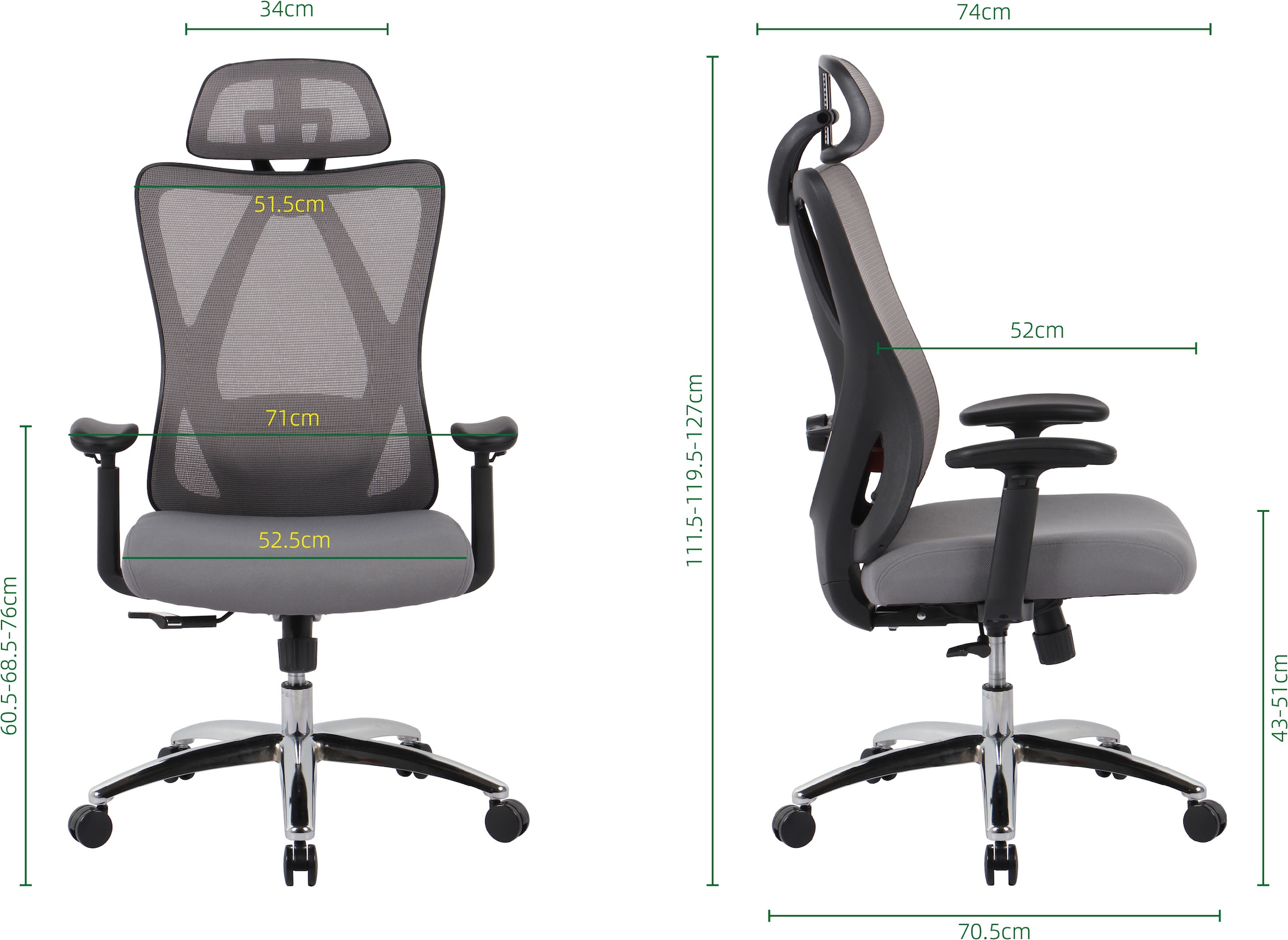 GOODproduct Chaise de bureau »ZAMIR, verstellbare Kopfstütze, Lendenwirbelstütze,« () chaise de bureau en mesh, fauteuil de direction avec fonction bascule & roulettes pour sol dur