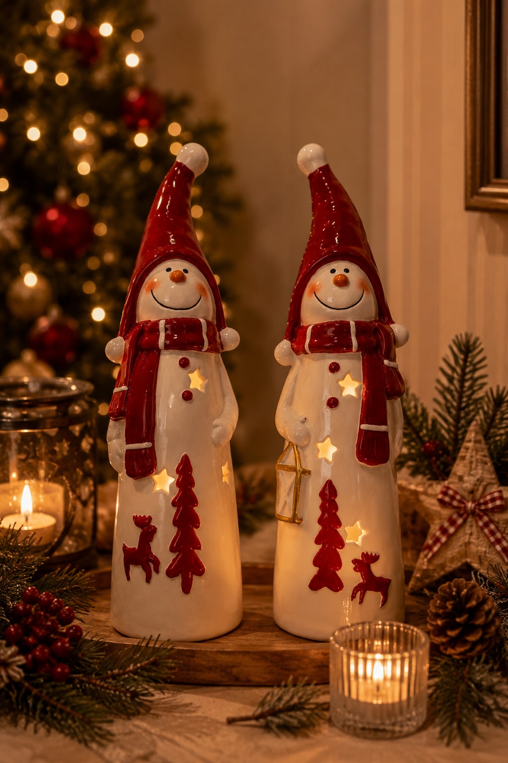 GOODproduct Porte-bougies à chauffe-plat »Deko Weihnachten Eeske, aus Porzellan detailreich bemalt« Schneemänner klassisch rot-weiss, jeweils ca.31cm hoch
