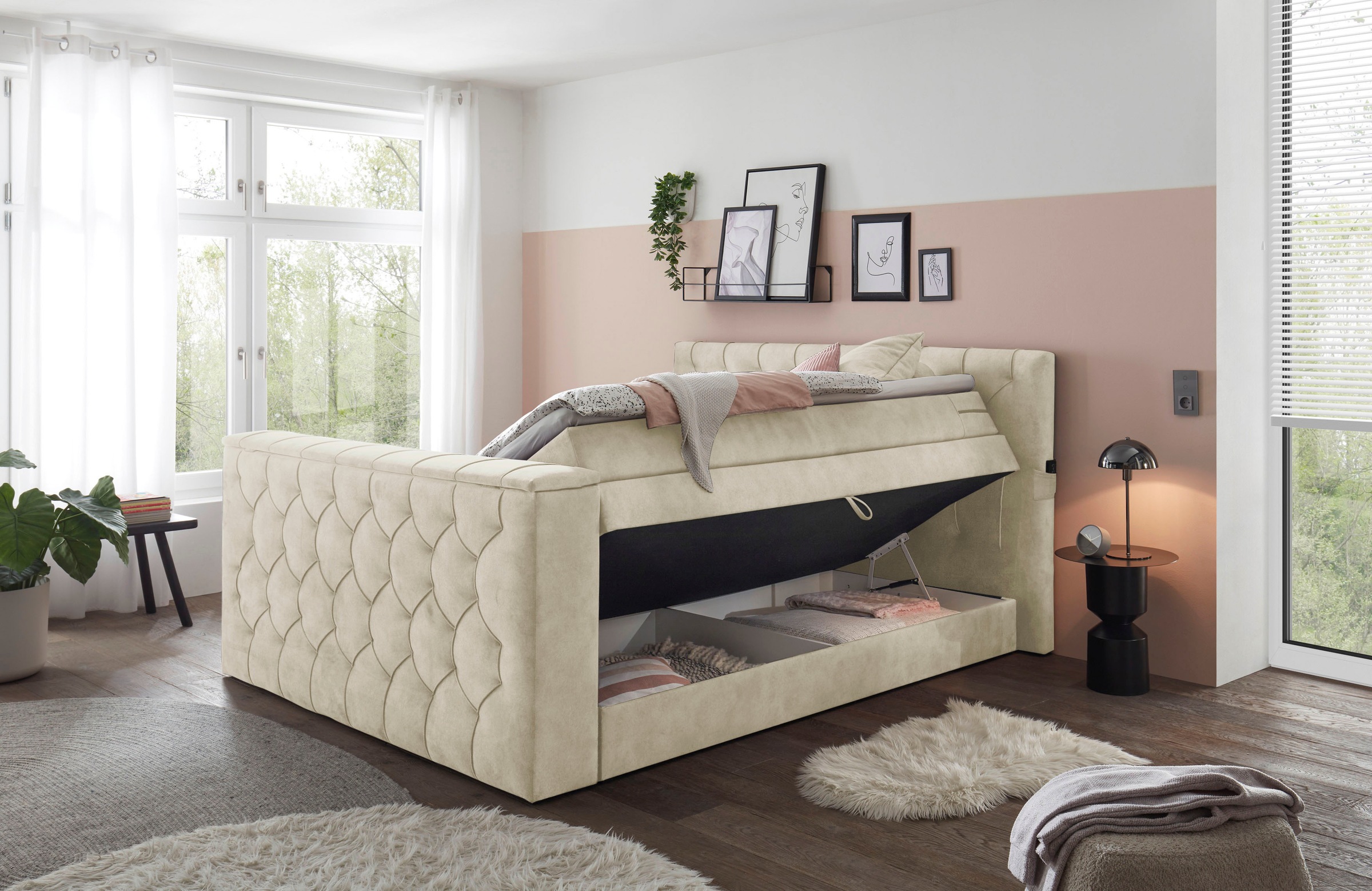 ED EXCITING DESIGN Lit boxspring »Springdale« avec coffre de lit, support TV motorisé, matelas duo (H3/H4)