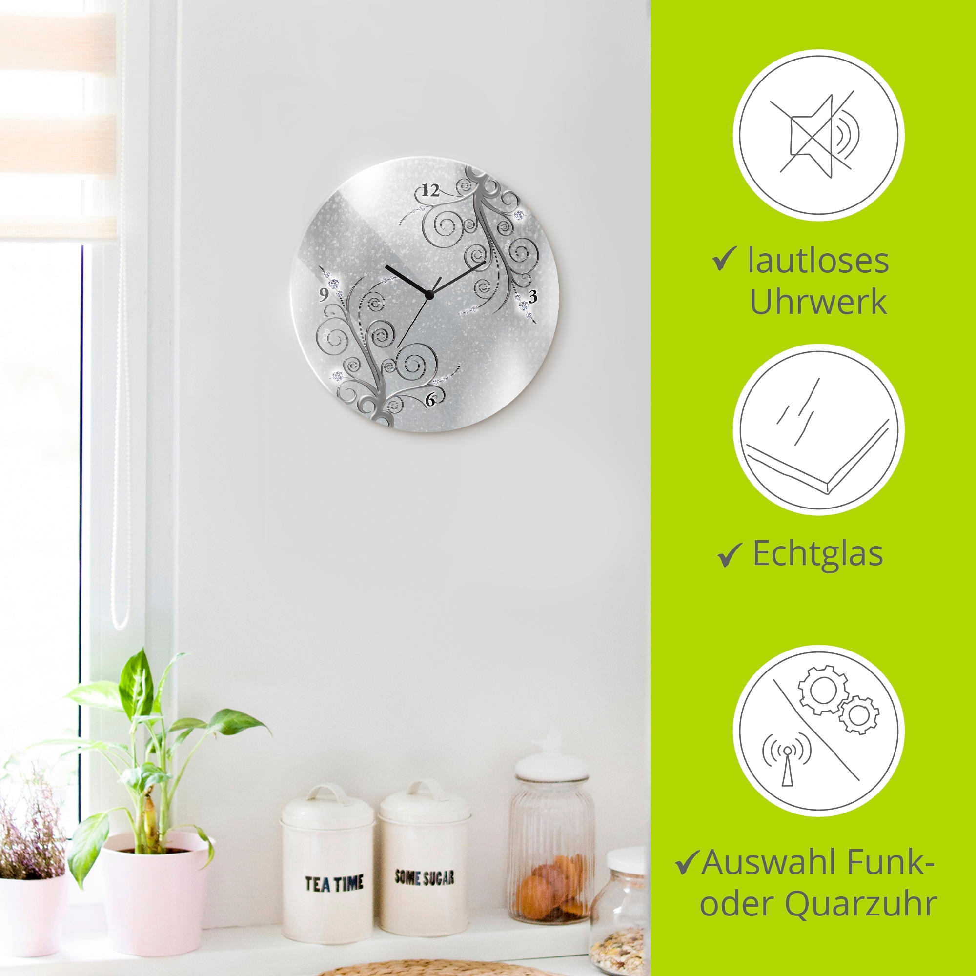 Artland Wanduhr »Glasuhr rund weisse Orchideen auf Ornamenten« wahlweise mit  Quarz- oder Funkuhrwerk, lautlos ohne Tickgeräusche