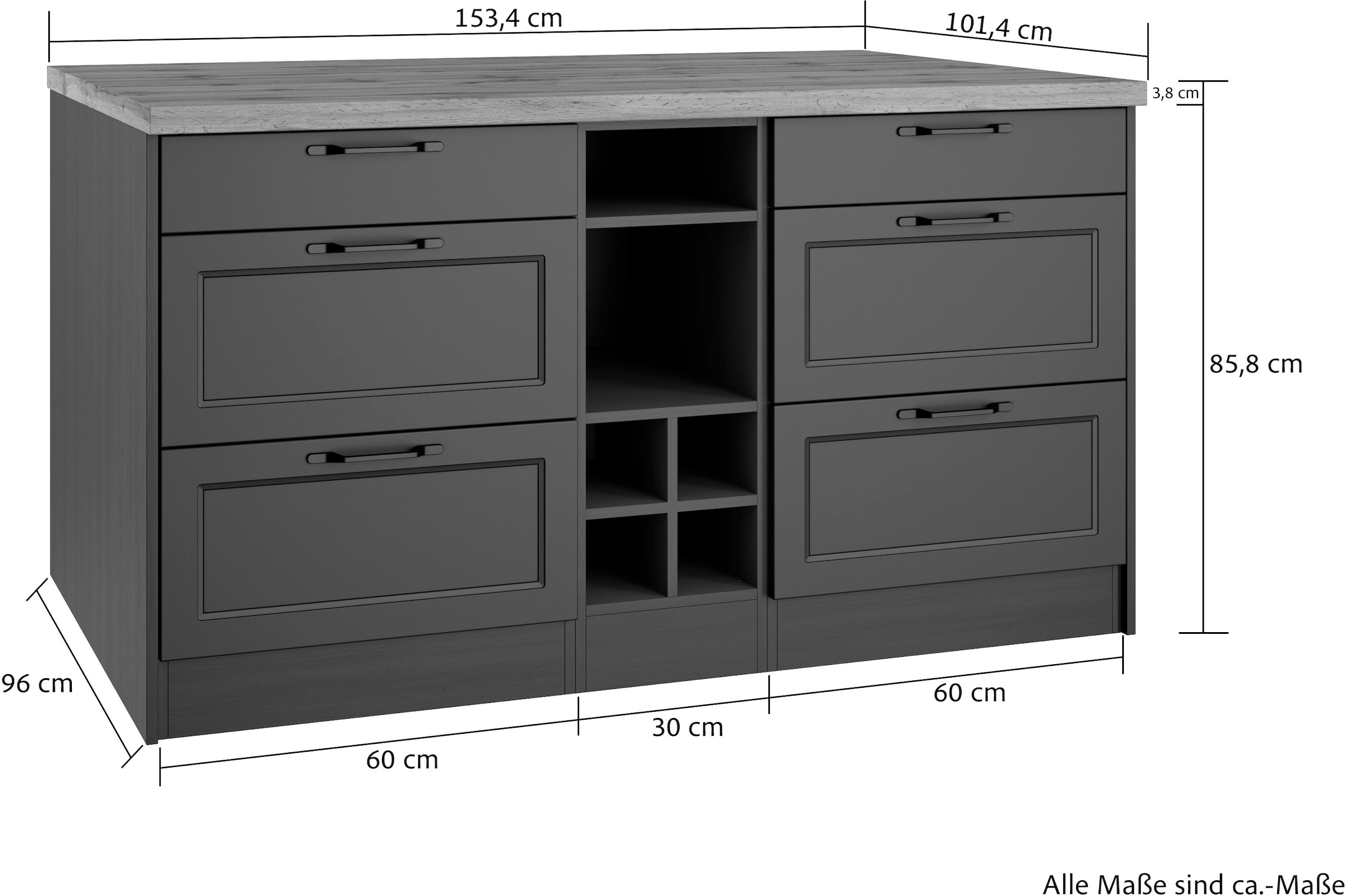 KOCHSTATION Ilot de cuisine »KS-Lana, Breite 153 cm« façades MDF, plan de travail épaisseur 38mm