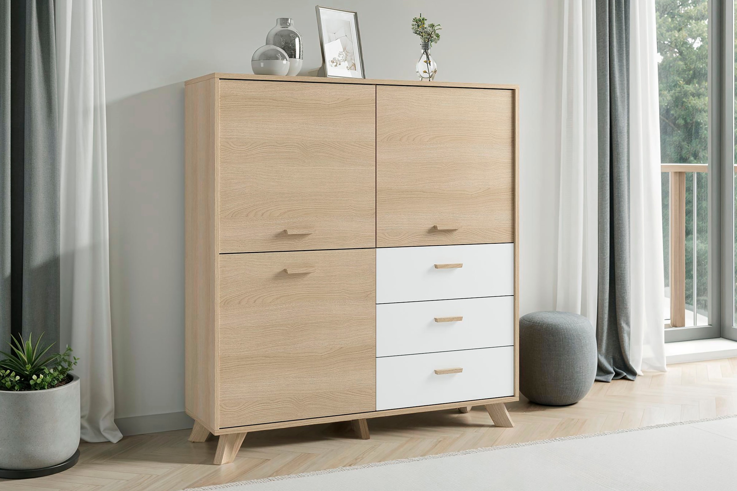byLIVING Buffet haut »Bastian« 1 cuis tlg. mit massiven Holzfüssen und Griffen, natürlicher Eichenlook, 120cm