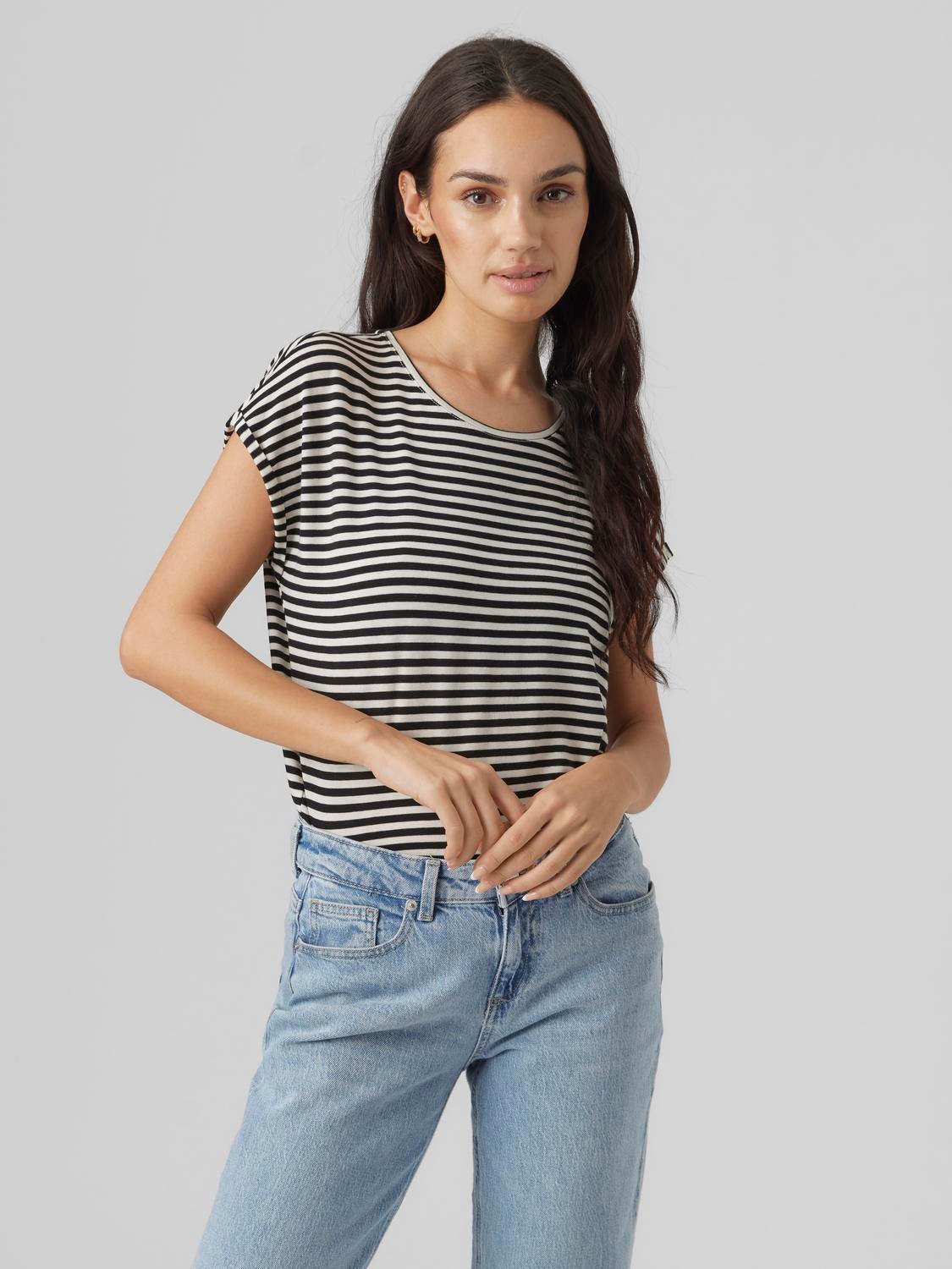 Vero Moda Shirt à col rond »VMAVA PLAIN SS TOP STRIPE GA JRS NOOS« Materialmix, regular fit