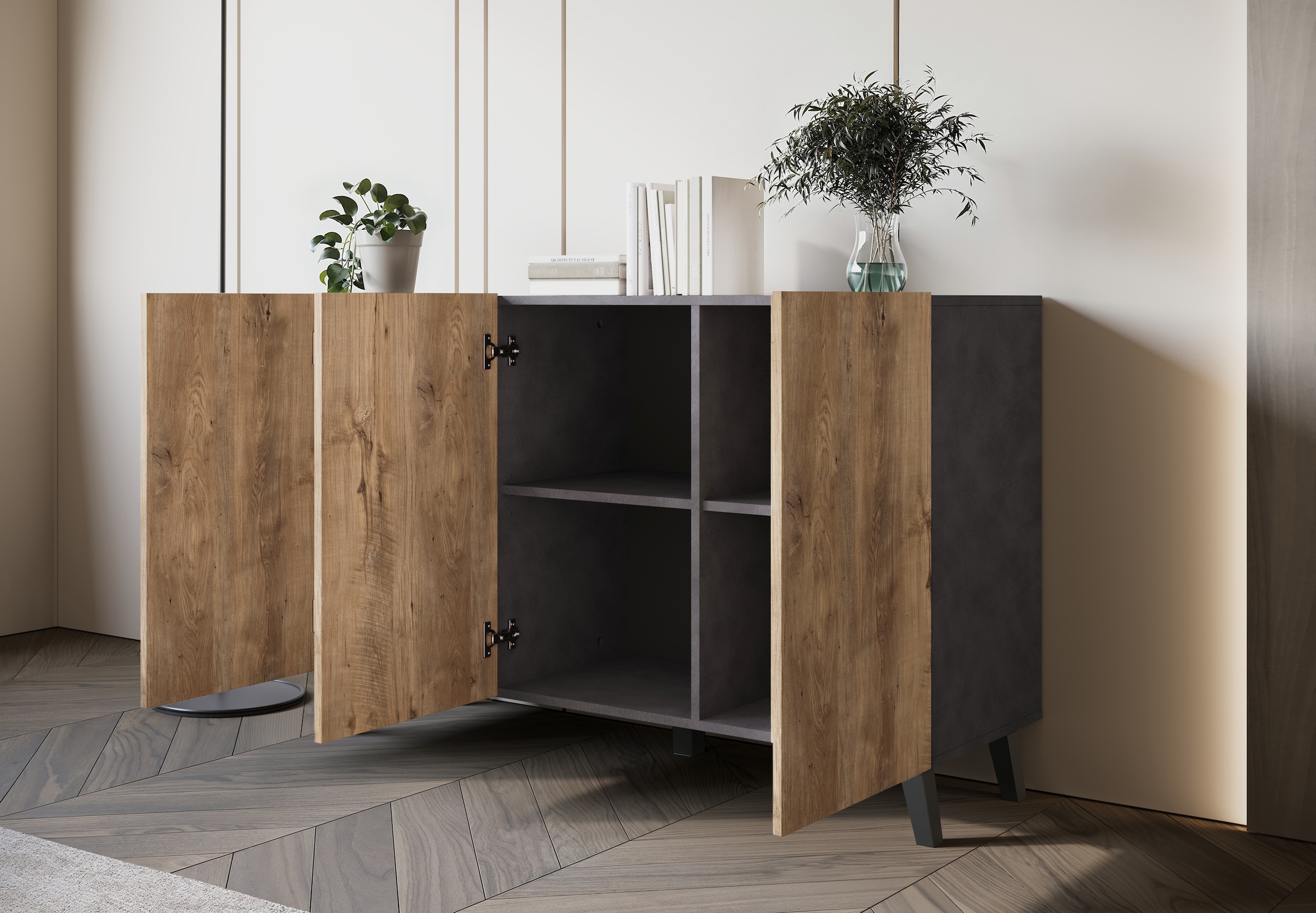 Home affaire Buffet »SIDEBOARD PHUKET II, Stilvolle, grifflose Kommode, Breite 120cm« 1 cuis tlg. avec 6 compartiments et étagères réglables en hauteur