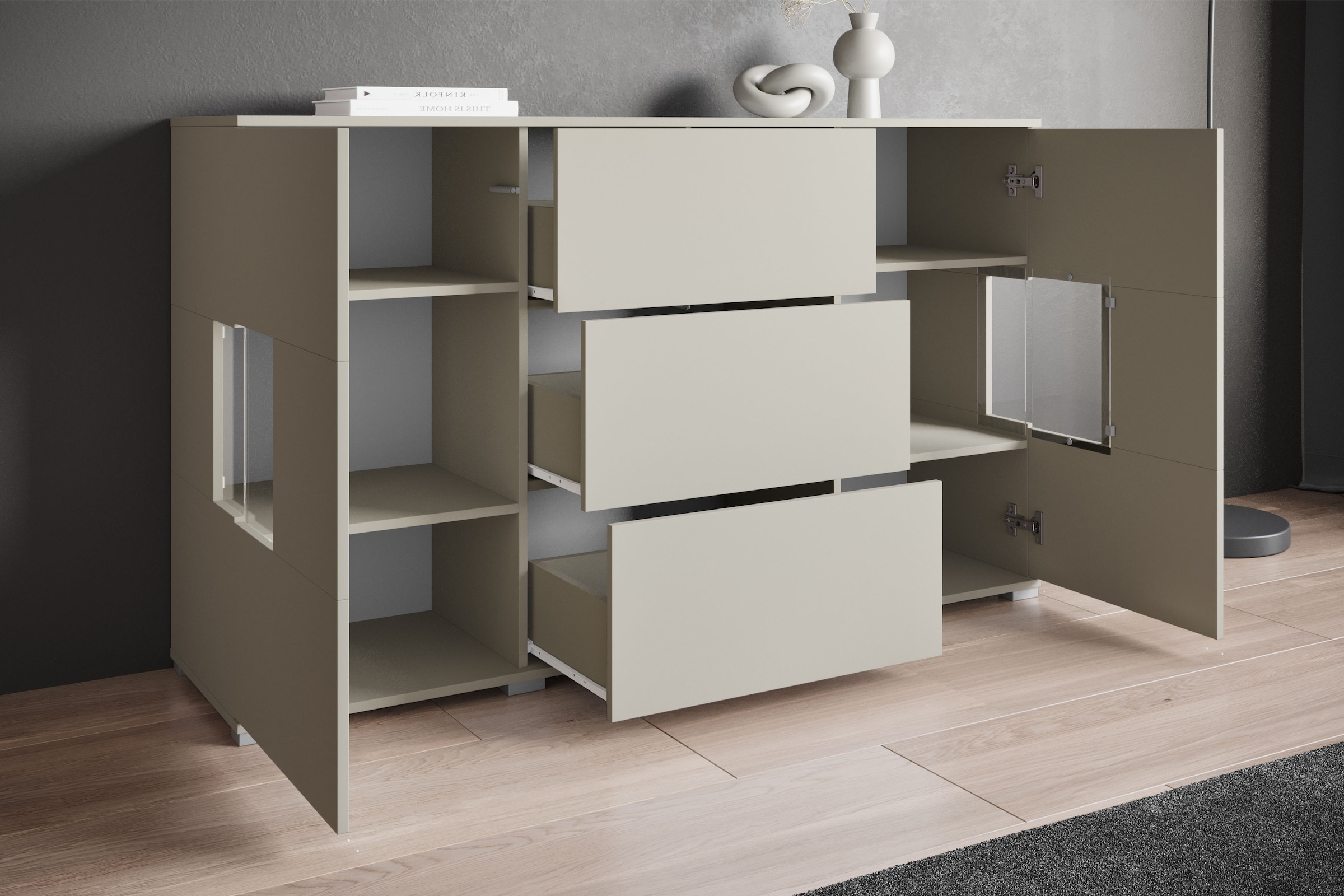 GOODproduct Buffet »Kenia« 1 cuis tlg. Buffet avec 3 tiroirs, 6 compartiments, portes en verre, largeur 150 cm