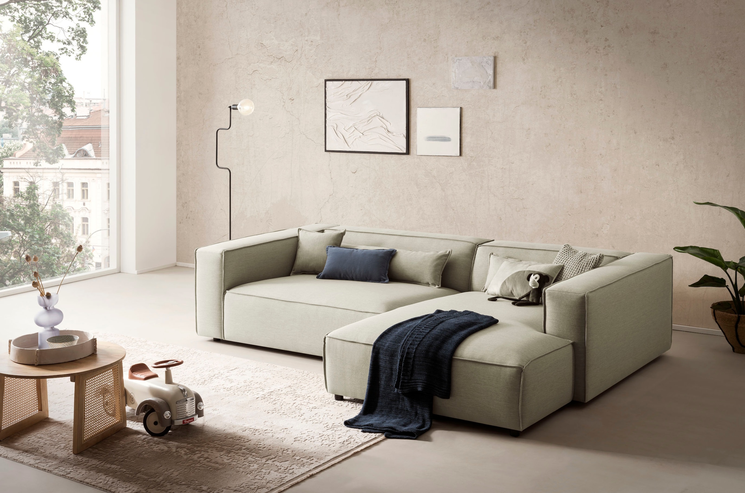 LeGer Home by Lena Gercke Canapé d'angle »PIARA XXL, Big-Sofa, Cord, Leinenoptik o. Strukturstoff, L-Form« wahlweise Ottomane rechts/links, Kedernaht, extra tiefe Sitzfläche
