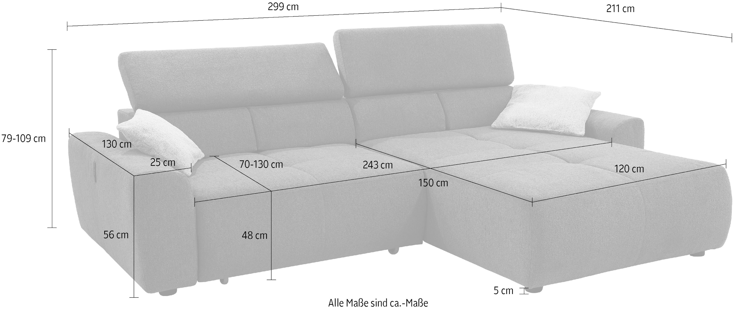 Jockenhöfer Gruppe Ecksofa »Unos L-Form, B: 299 cm, mit 60 cm elektr. Sitztiefenverstellung« 140kg Belastbarkeit, USB-Anschluss, Kopfteilverstellung & Zierkissen
