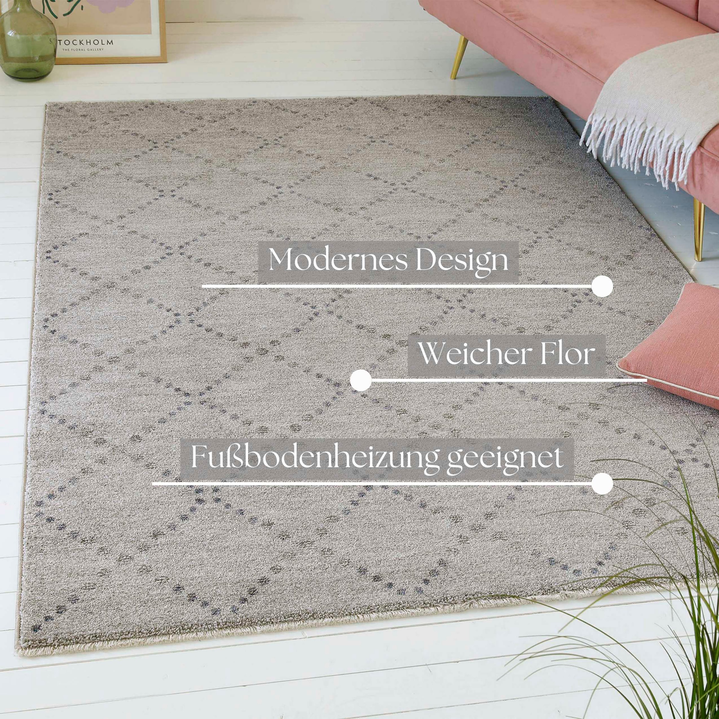 GOODproduct Teppich »Thoren« rechteckig 12 mm Höhe weicher Kurzflor, Rautenmuster mit Fransen, Wohnzimmer, Schlafzimmer