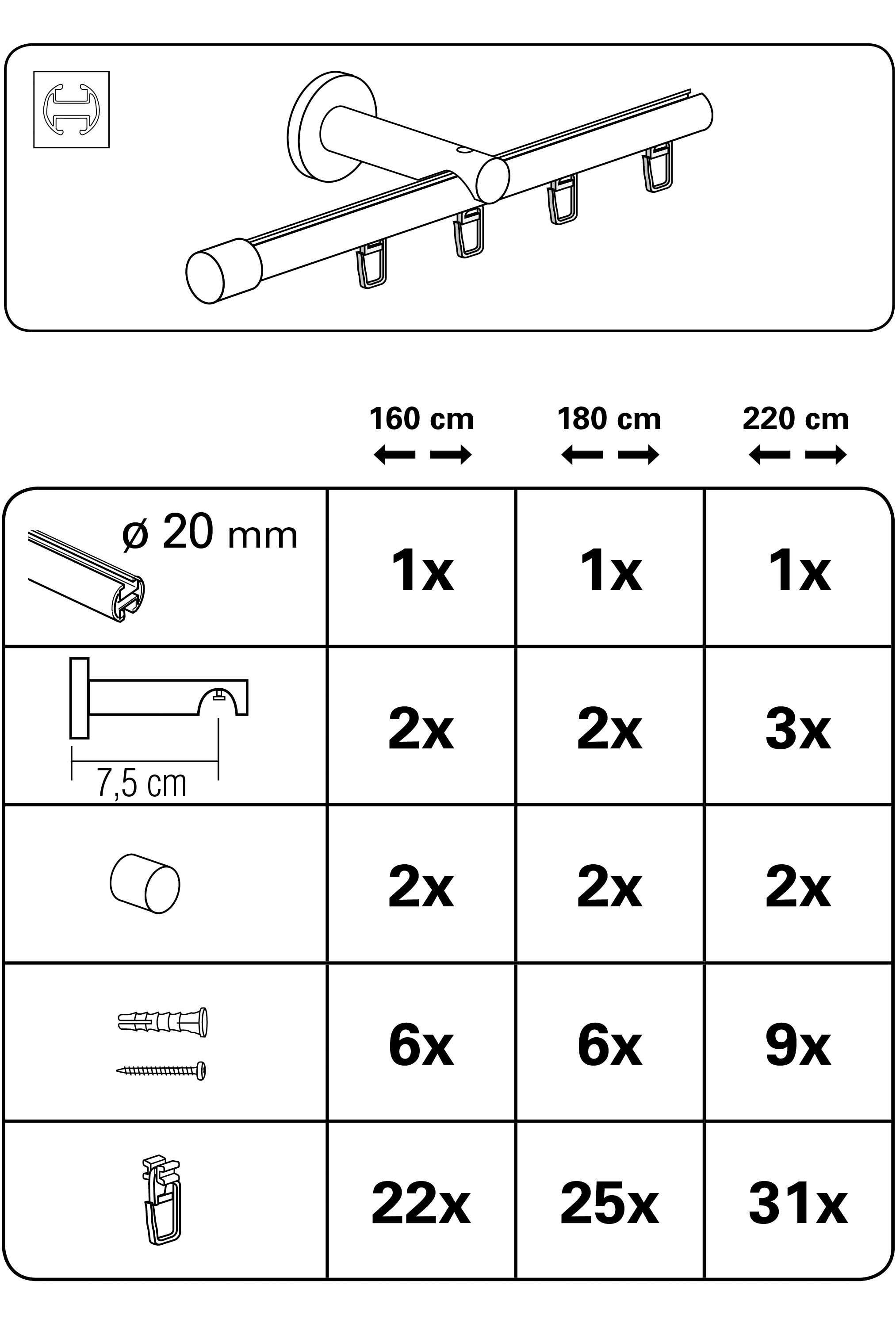 GARDINIA Tringle à rideaux »Set Isa 1-Lauf mit Innenlauf II« Ø 2 mm 1 läufig-läufig mit Bohren, Wandmontage, Metall, Komplettes Gardinenstangen-Set