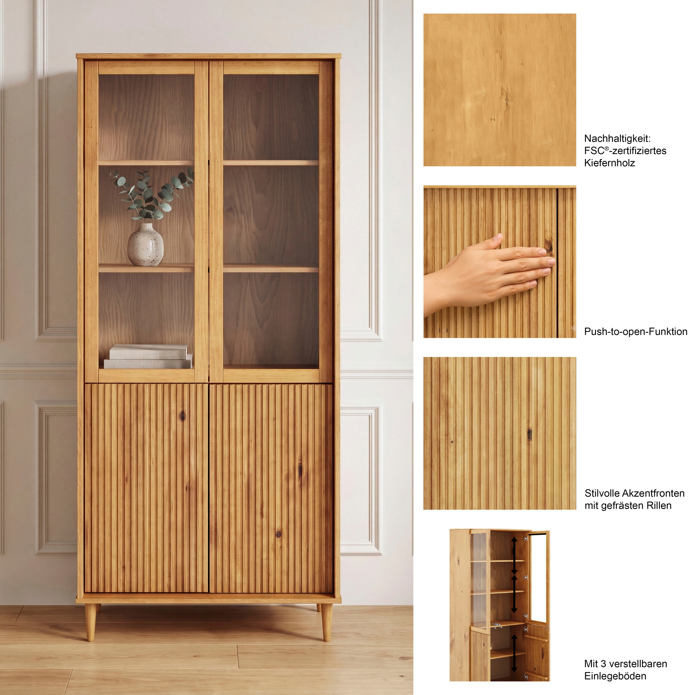 GOODproduct Vitrine »Malmedy Front mit gefrästen Rillen« aus massivem Kiefernholz, Push-to-open, FSC, Breite 80 cm, Höhe 180 cm