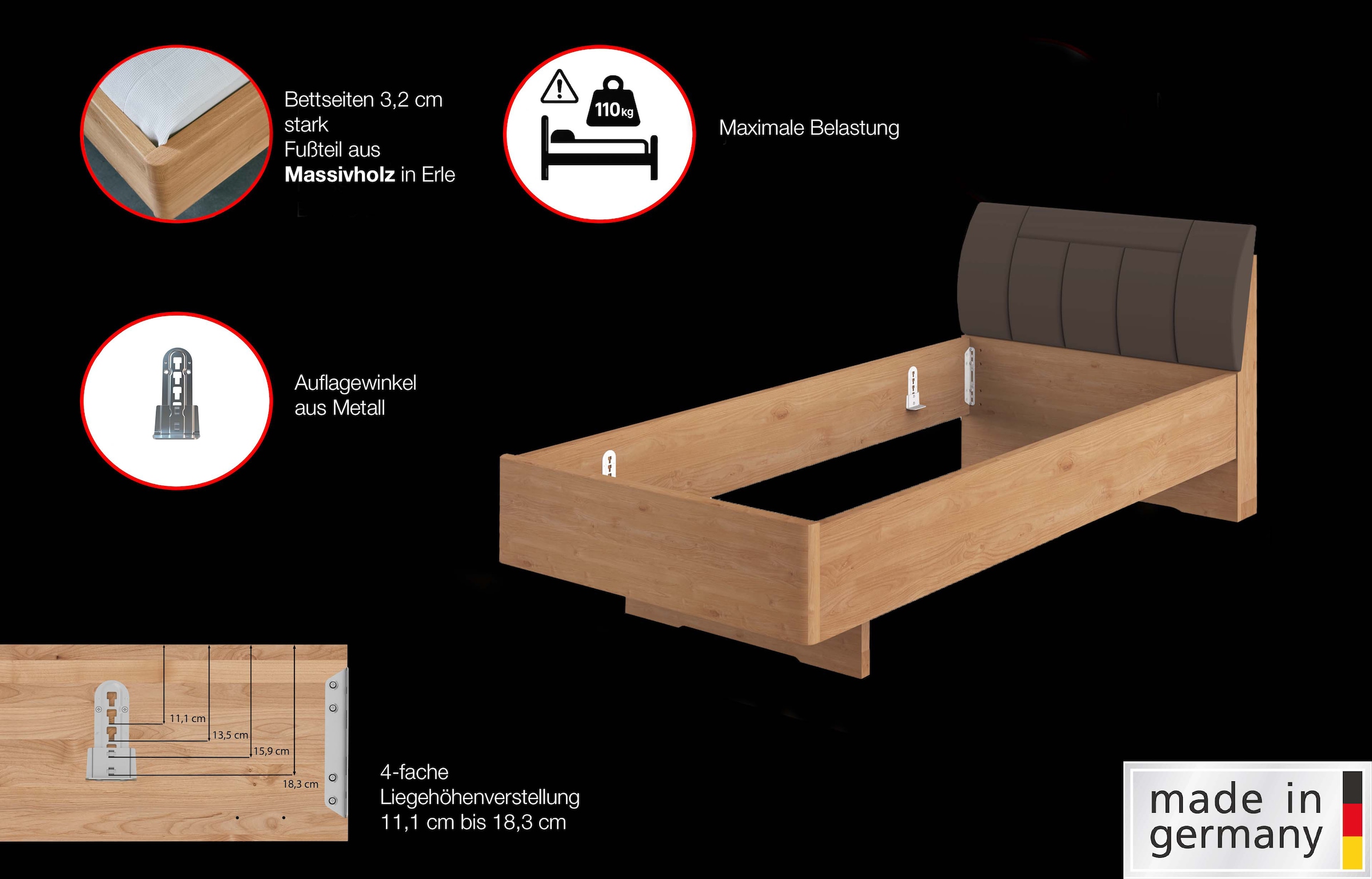 WIEMANN Holzbett »Cardiff, Bettgestell, Bettrahmen, teilmassiv, mit Polsterkopfteil« Belastbarkeit 110/220 Kg, 4-fache höhenverstellbar, MADE IN GERMANY,  Fussteil aus Massivholz, verschiedene Grössen